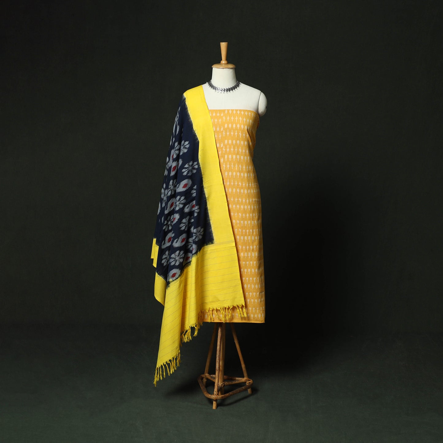 Yellow - Pochampally Ikat Cotton 3pc Unstitched Dress Material Suit Set 16