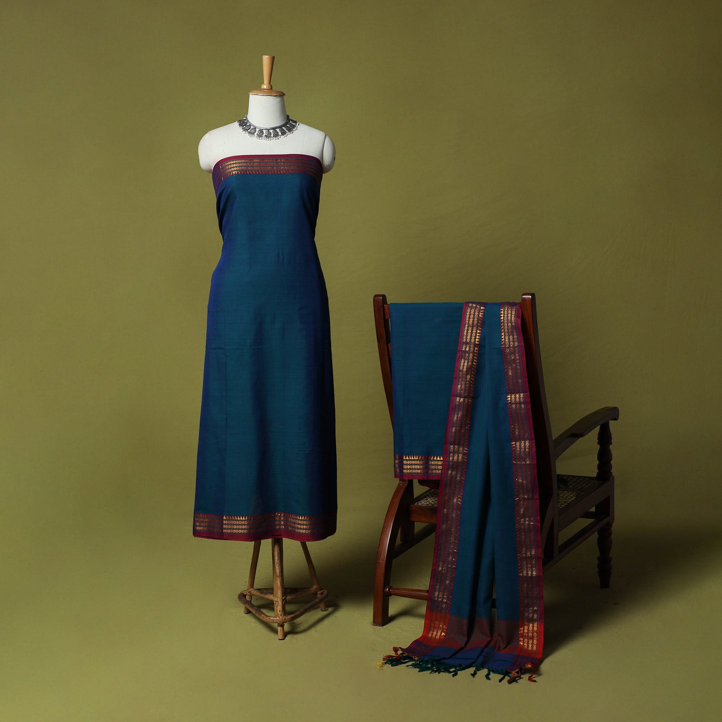 Dharwad Cotton 3pc Unstitched Dress Material Suit Set with Woven Zari Border 33