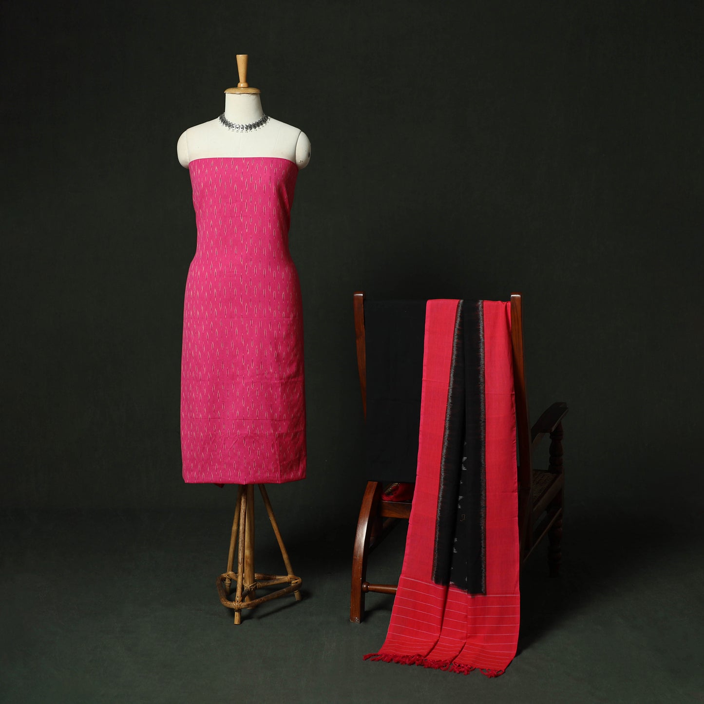 Pink - Pochampally Ikat Cotton 3pc Unstitched Dress Material Suit Set 19