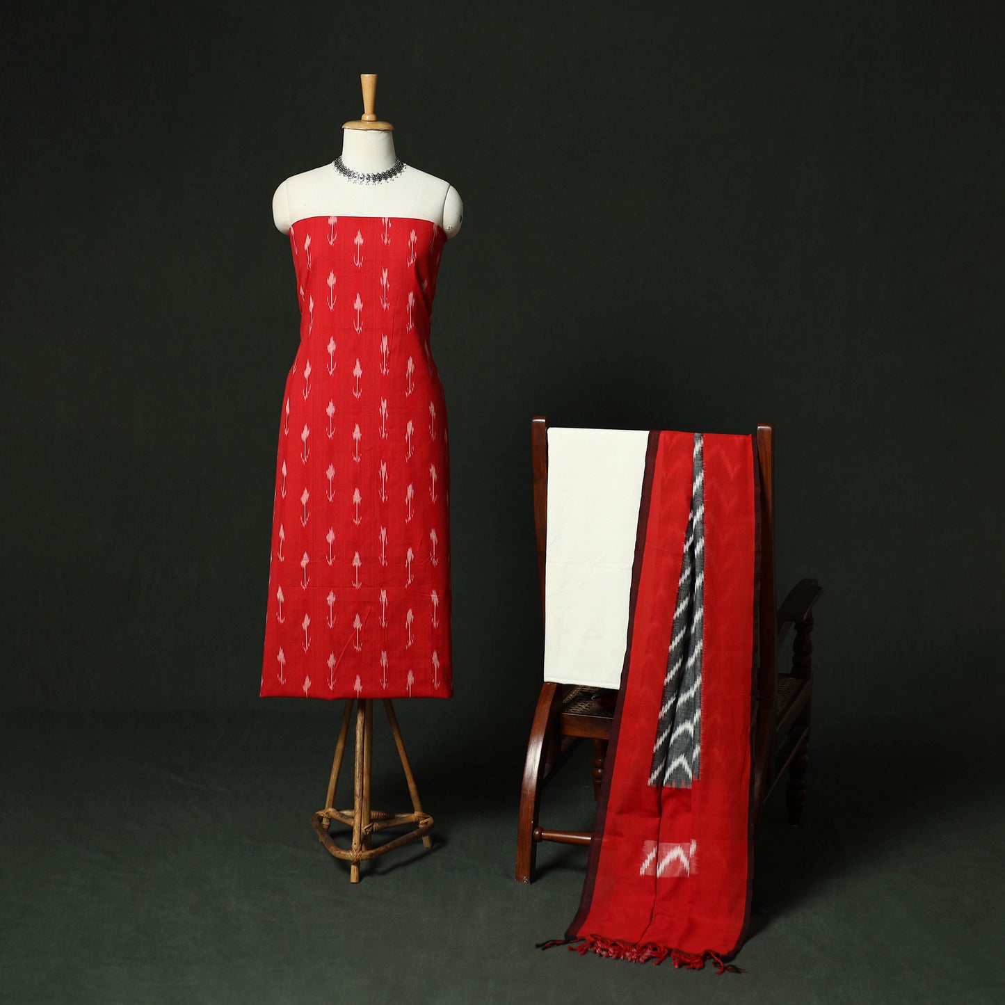 Red - Pochampally Ikat Cotton 3pc Unstitched Dress Material Suit Set 23