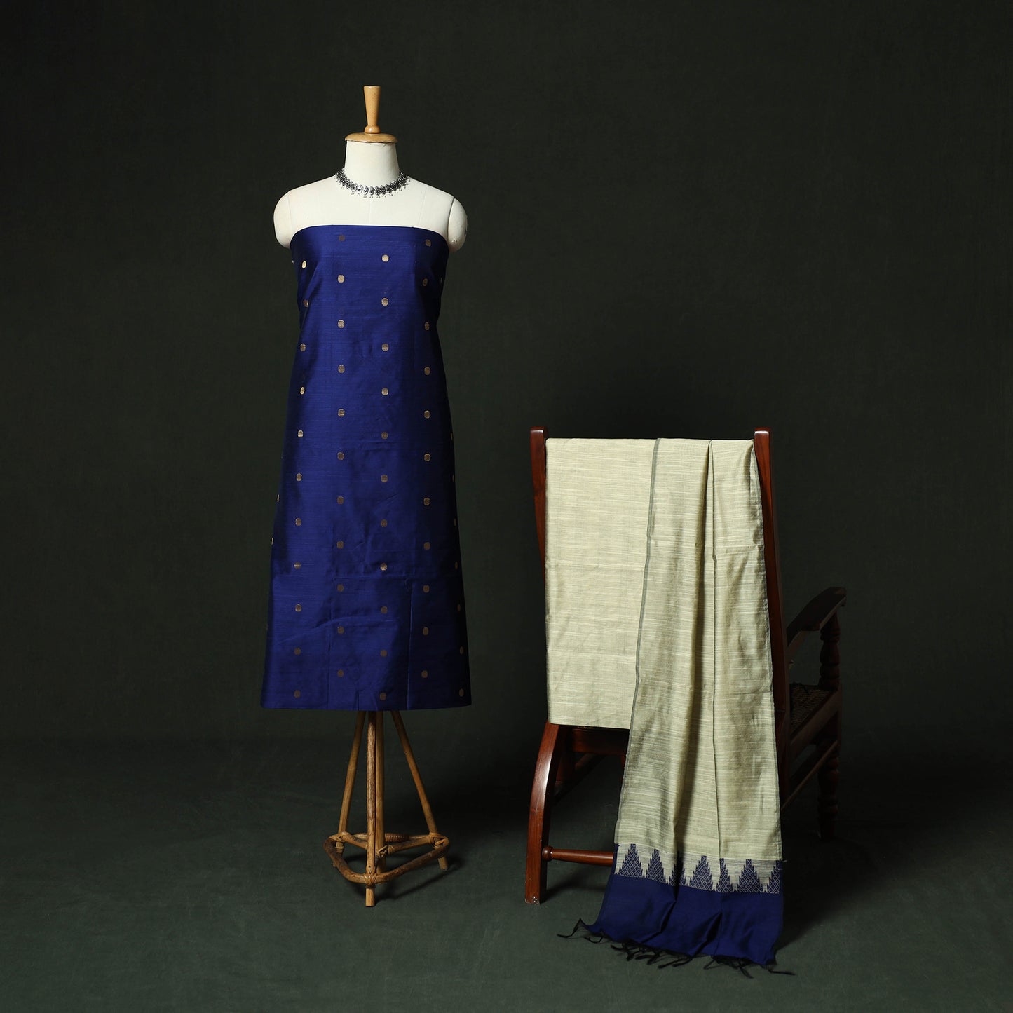 Blue - Mangalagiri Silk Cotton Thread Work 3pc Unstitched Dress Material Suit Set 28