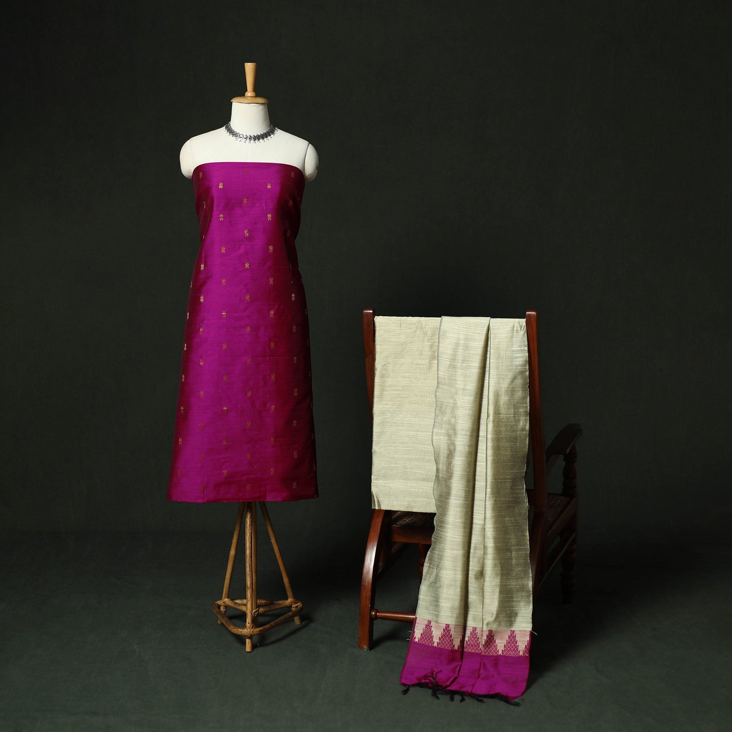 Pink - Mangalagiri Silk Cotton Thread Work 3pc Unstitched Dress Material Suit Set 31