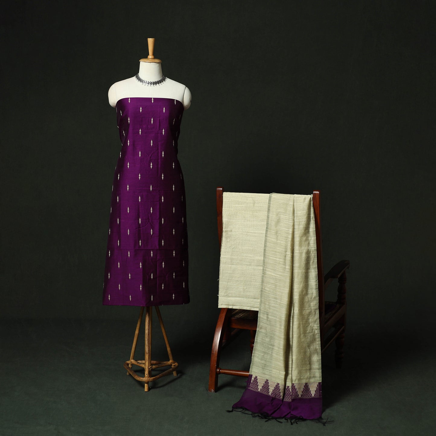 Purple - Mangalagiri Silk Cotton Thread Work 3pc Unstitched Dress Material Suit Set 32