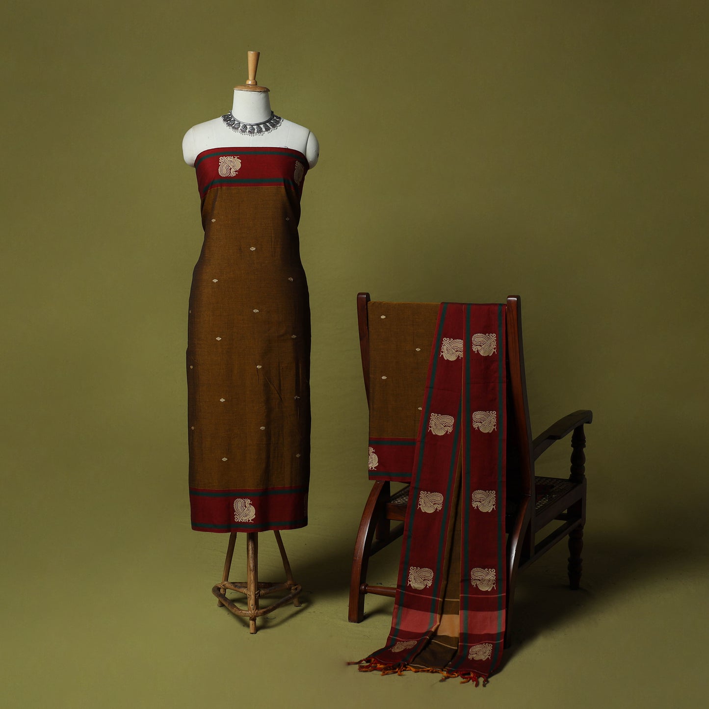 Dharwad Woven Cotton 3pc Unstitched Dress Material Suit Set with Border 08