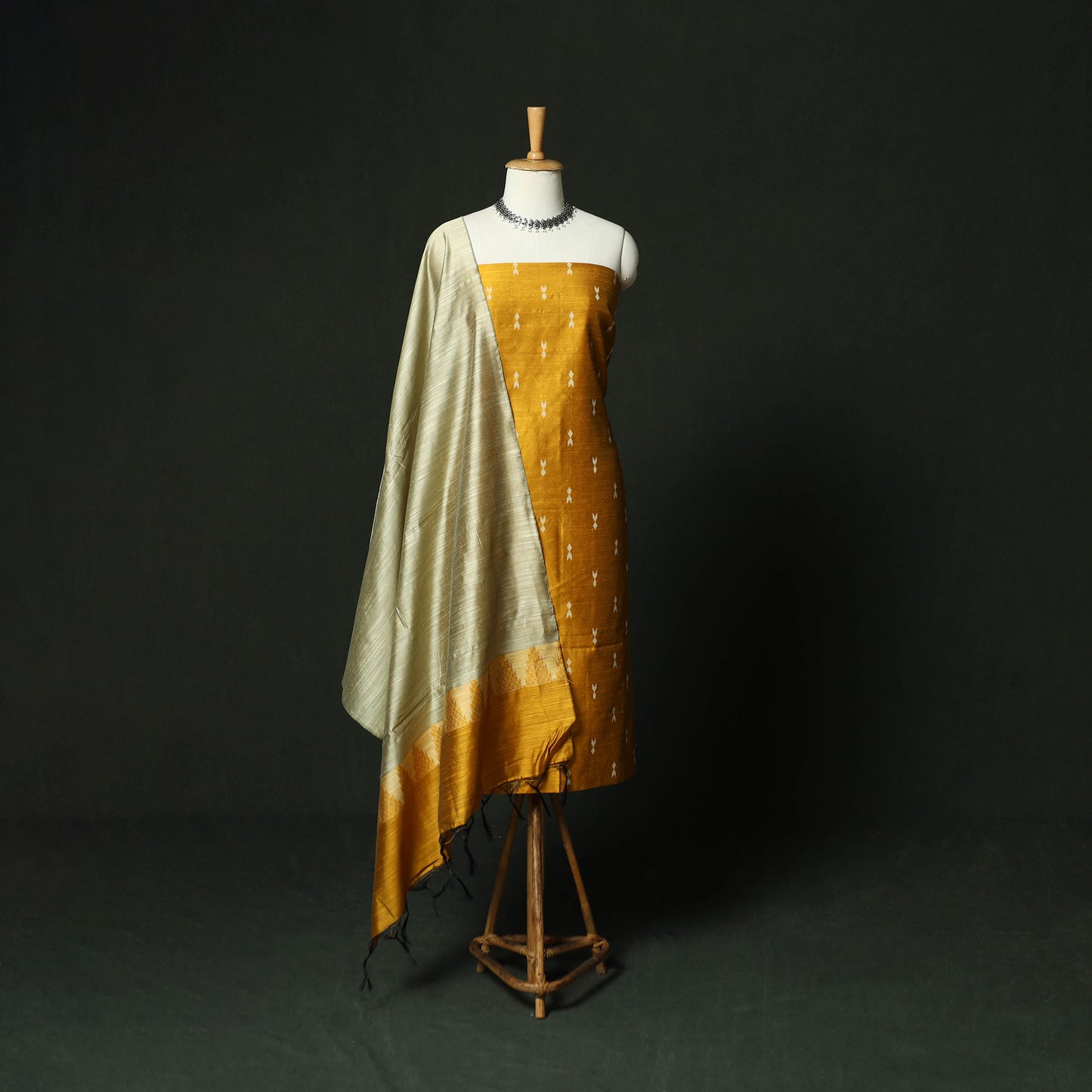 Yellow - Mangalagiri Silk Cotton Thread Work 3pc Unstitched Dress Material Suit Set 35
