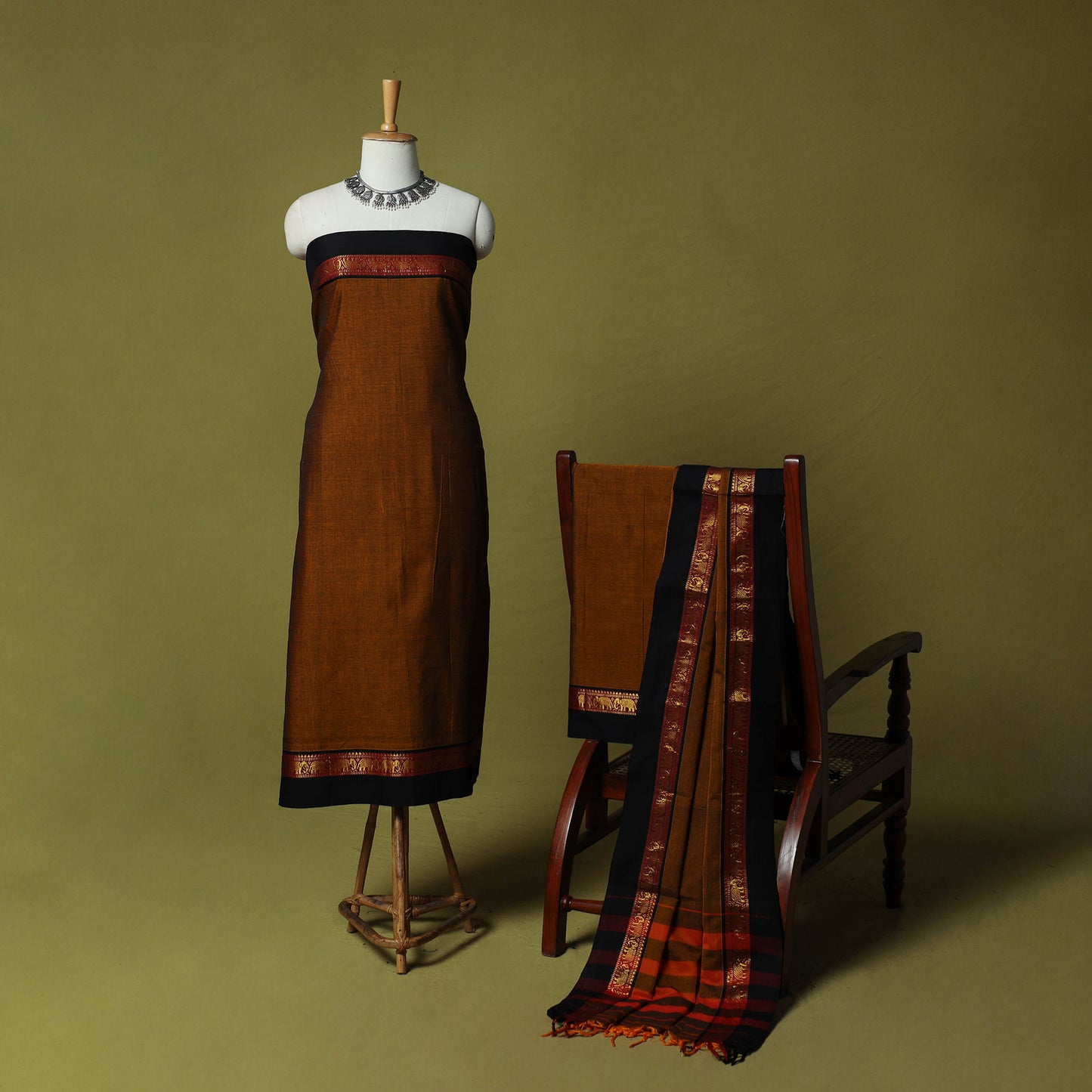 Dharwad Cotton 3pc Unstitched Dress Material Suit Set with Woven Zari Border 15