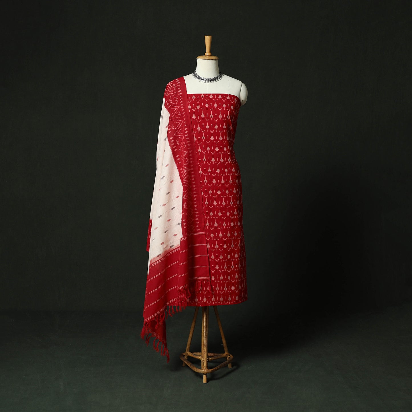 Red - Pochampally Ikat Mercerised Cotton 2pc Unstitched Dress Material Kurta Set 37