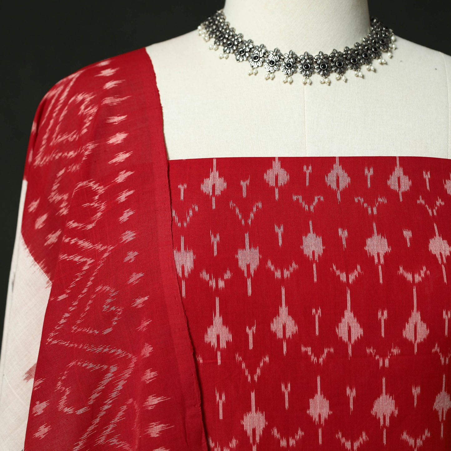 Red - Pochampally Ikat Mercerised Cotton 2pc Unstitched Dress Material Kurta Set 37