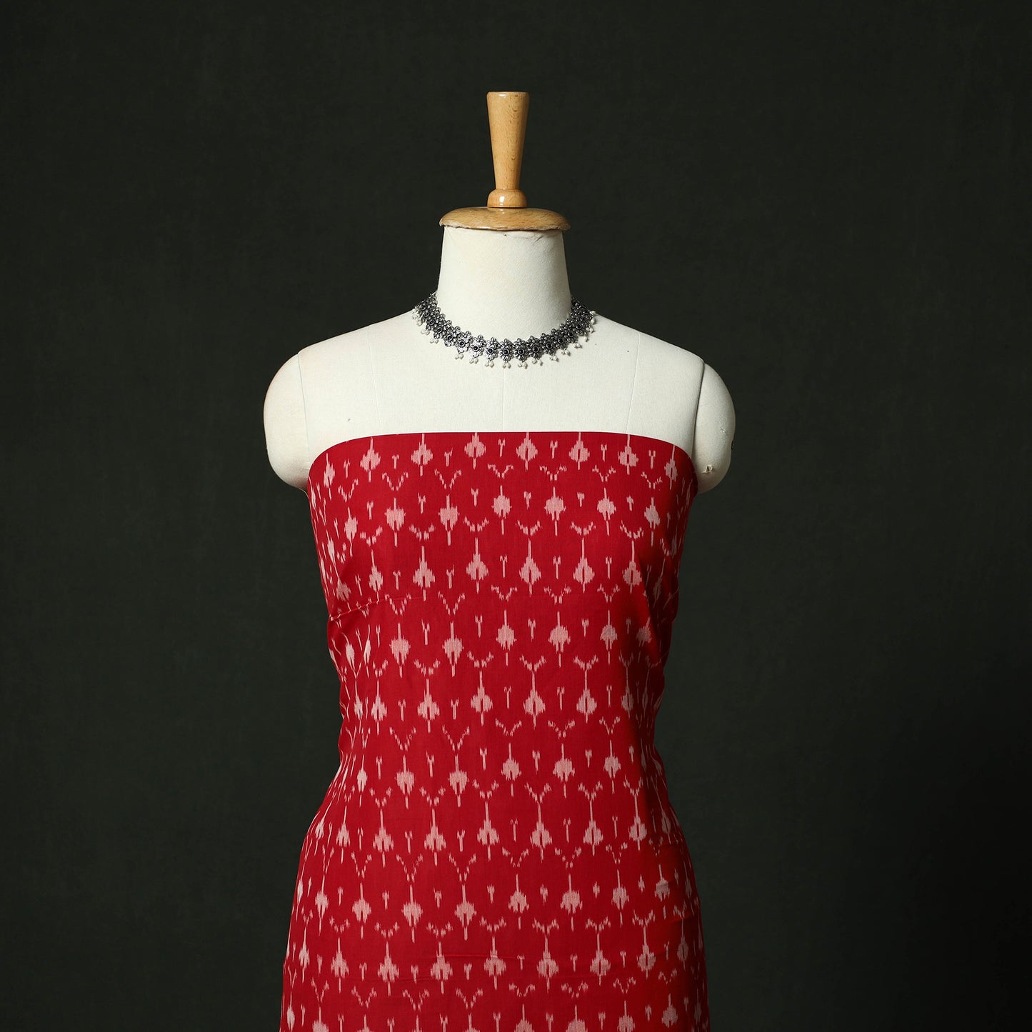 Red - Pochampally Ikat Mercerised Cotton 2pc Unstitched Dress Material Kurta Set 37