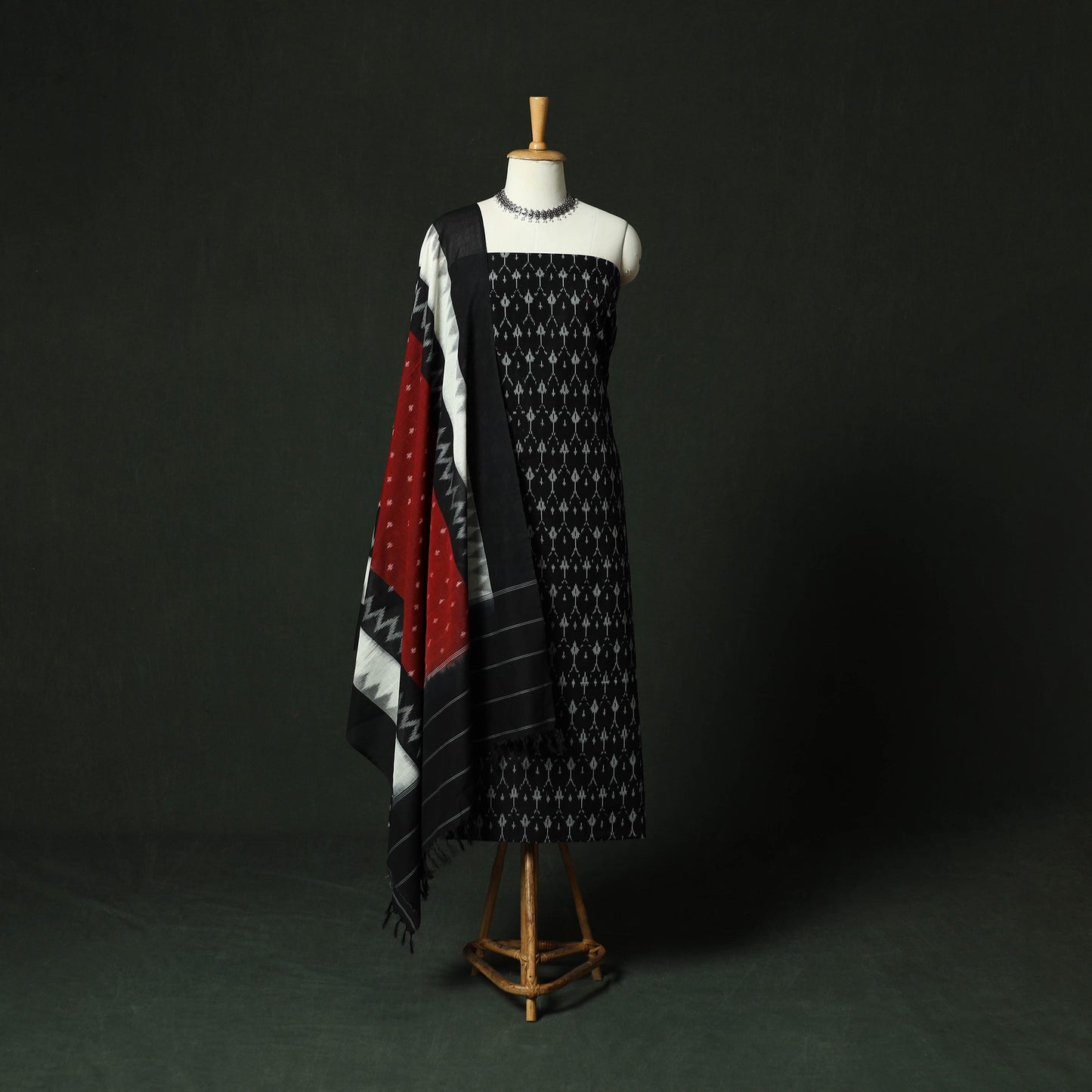 Black - Pochampally Ikat Mercerised Cotton 2pc Unstitched Dress Material Kurta Set 39