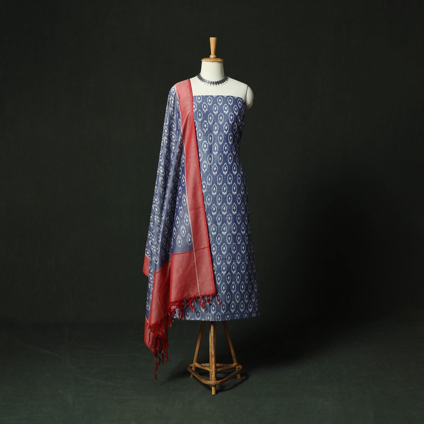 Blue - Pochampally Ikat Mercerised Cotton 2pc Unstitched Dress Material Kurta Set 40