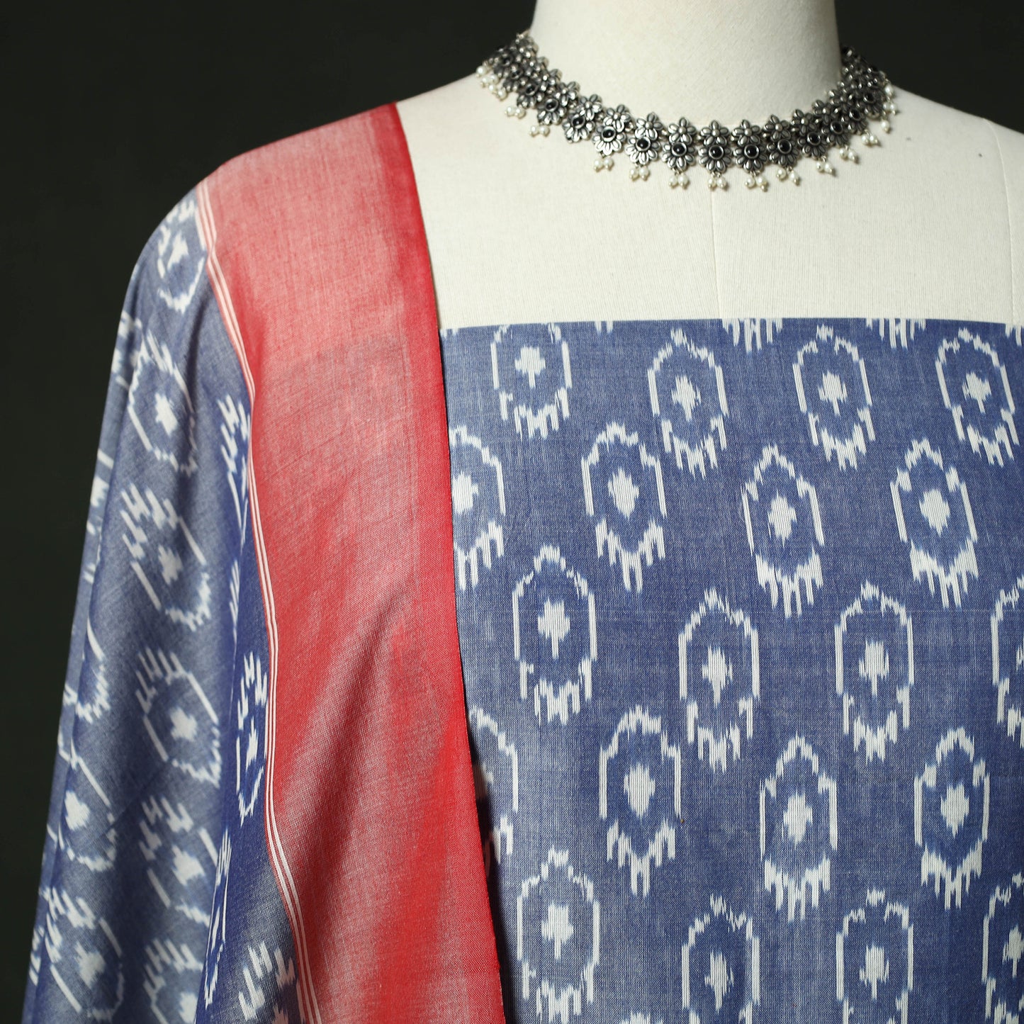 Blue - Pochampally Ikat Mercerised Cotton 2pc Unstitched Dress Material Kurta Set 40