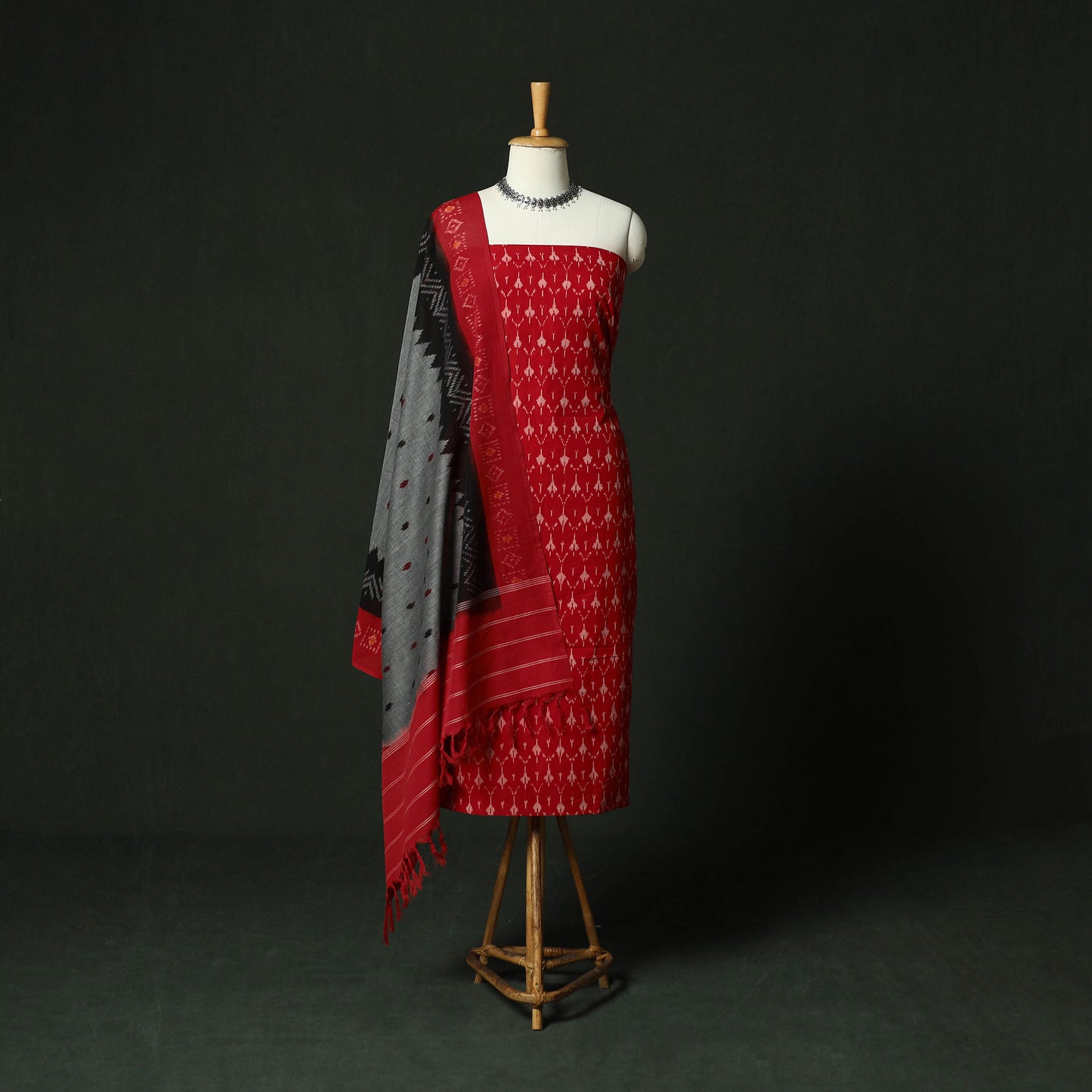 Red - Pochampally Ikat Mercerised Cotton 2pc Unstitched Dress Material Kurta Set 42