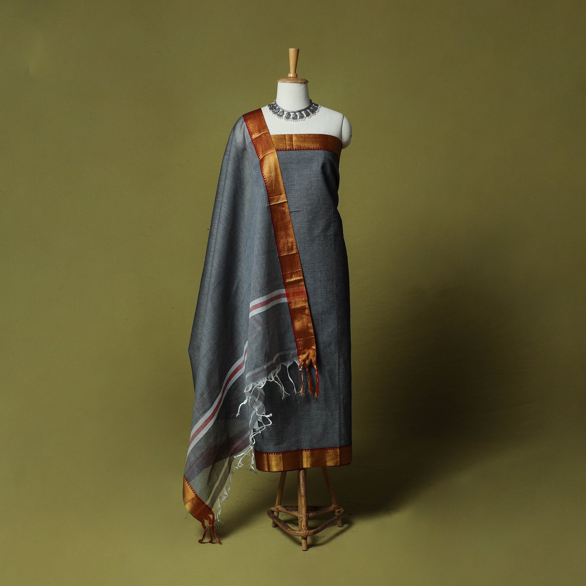 Grey Dharwad Cotton 3pc Unstitched Dress Material Suit Set with Woven Zari Border