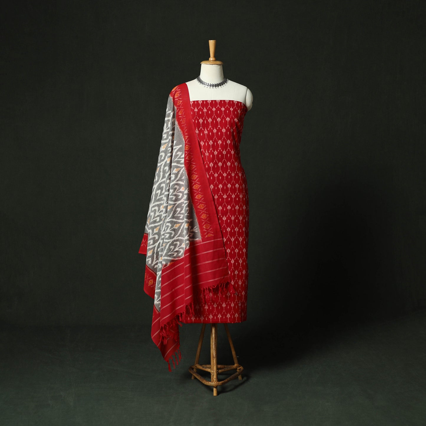 Red - Pochampally Ikat Mercerised Cotton 2pc Unstitched Dress Material Kurta Set 44
