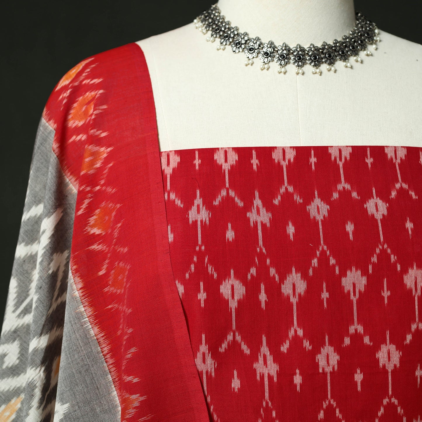 Red - Pochampally Ikat Mercerised Cotton 2pc Unstitched Dress Material Kurta Set 44