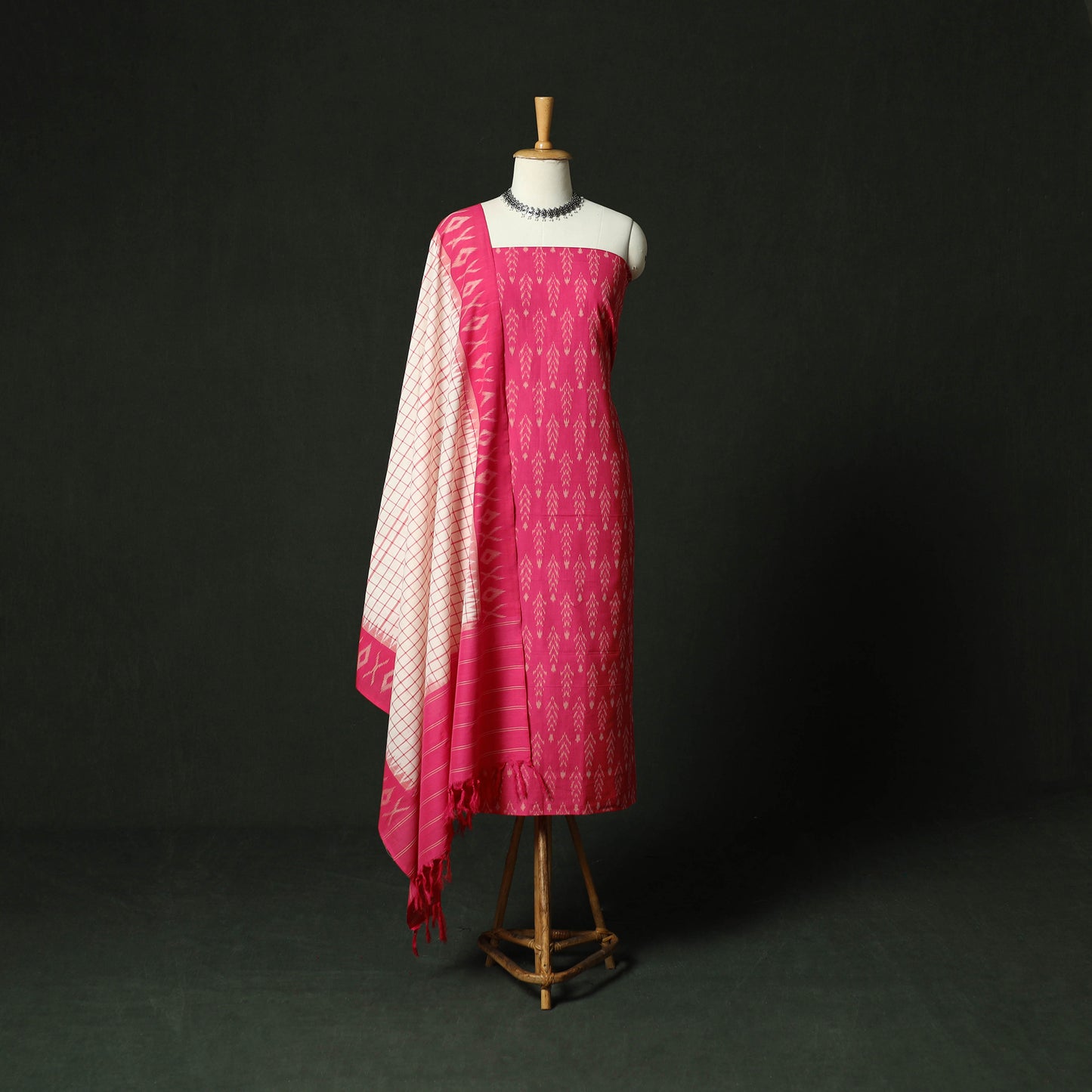 Pink - Pochampally Ikat Mercerised Cotton 2pc Unstitched Dress Material Kurta Set 45
