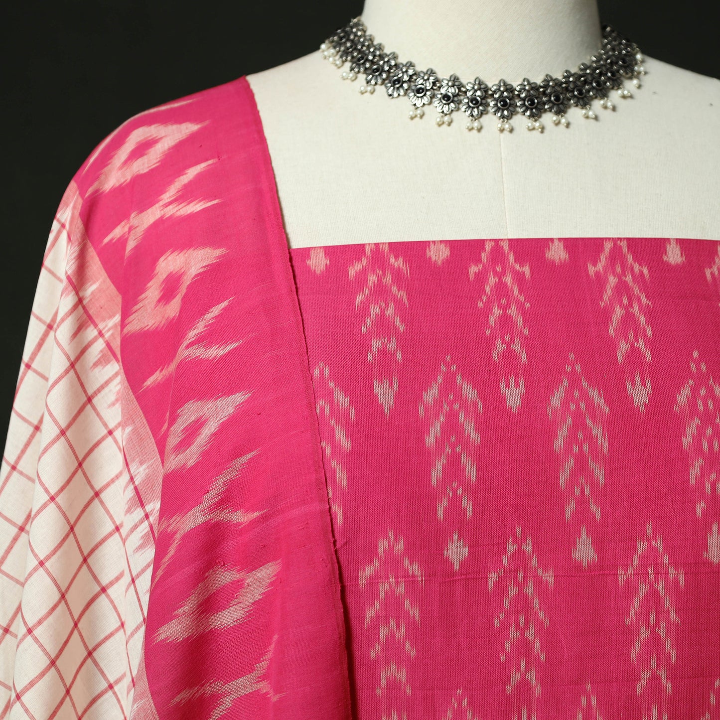 Pink - Pochampally Ikat Mercerised Cotton 2pc Unstitched Dress Material Kurta Set 45