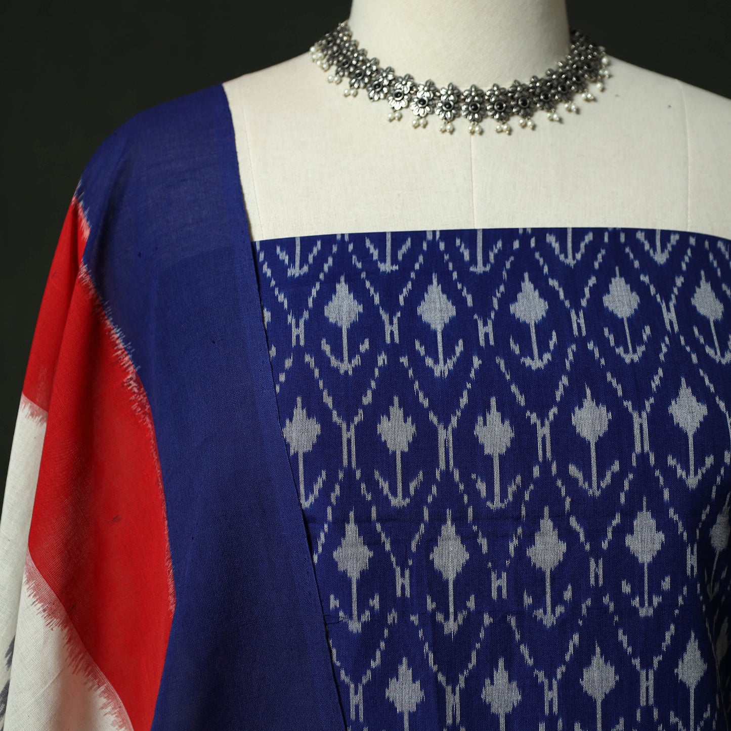 Blue - Pochampally Ikat Mercerised Cotton 2pc Unstitched Dress Material Kurta Set 49
