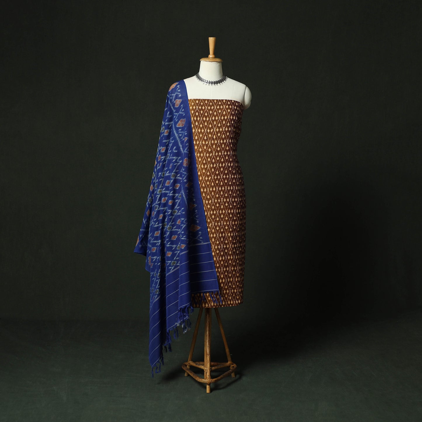 Brown - Pochampally Ikat Mercerised Cotton 2pc Unstitched Dress Material Kurta Set 50