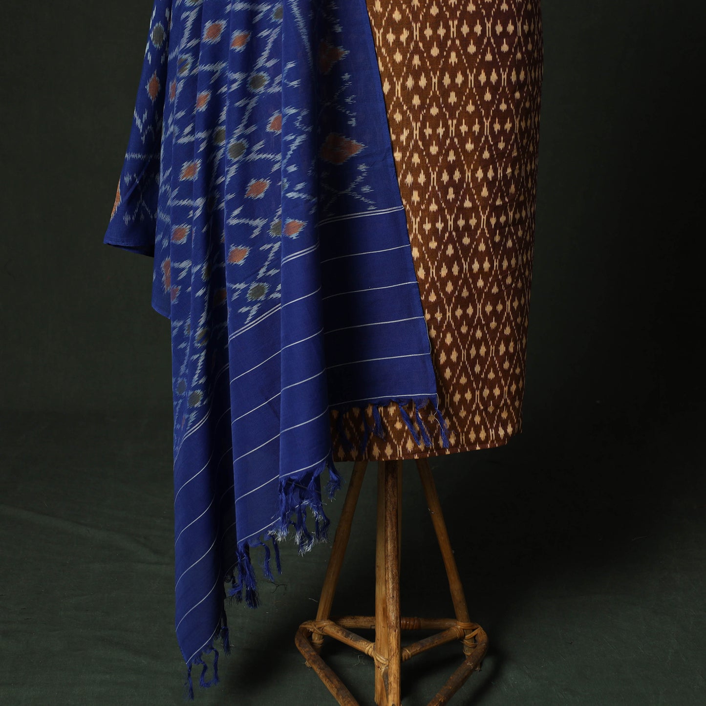 Brown - Pochampally Ikat Mercerised Cotton 2pc Unstitched Dress Material Kurta Set 50