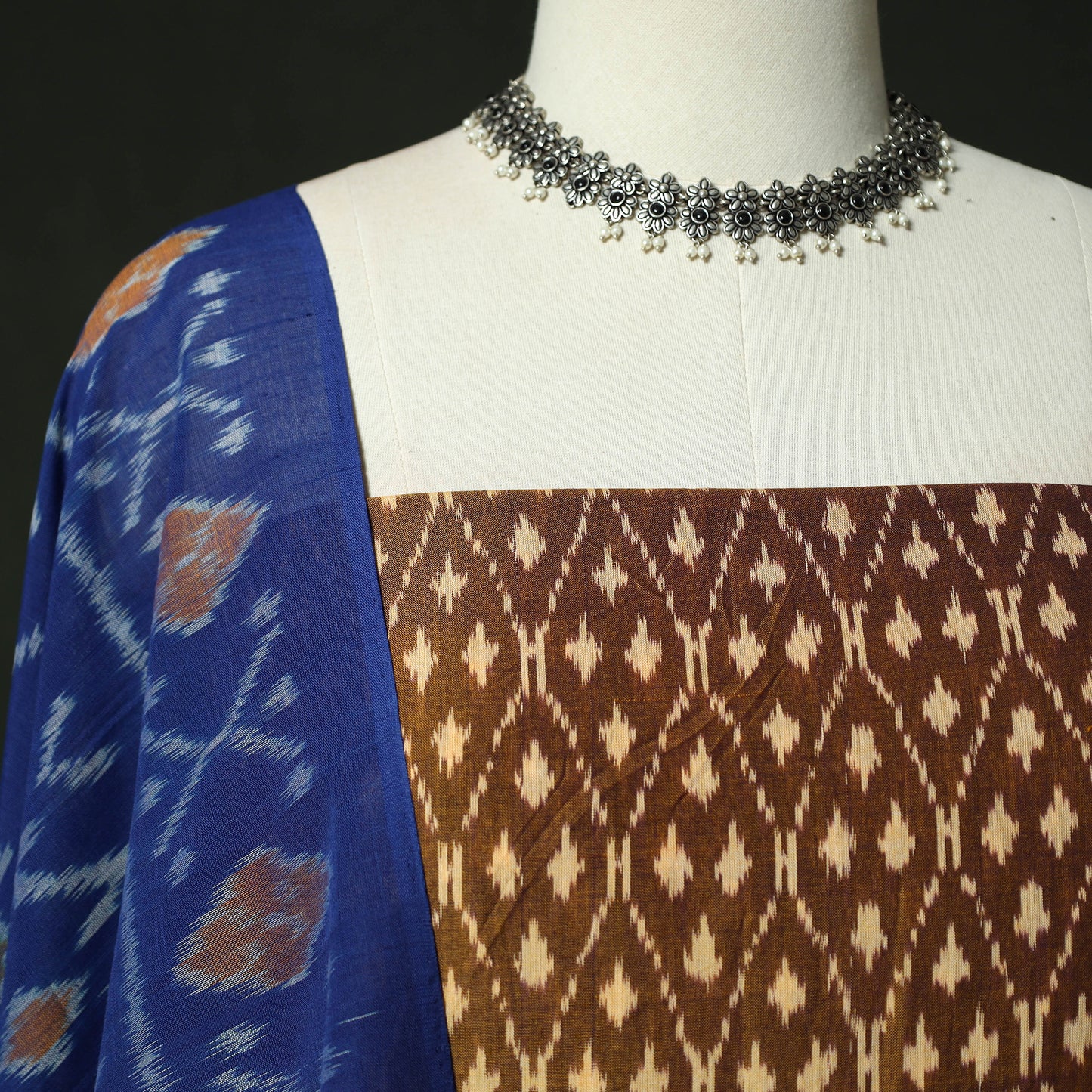 Brown - Pochampally Ikat Mercerised Cotton 2pc Unstitched Dress Material Kurta Set 50