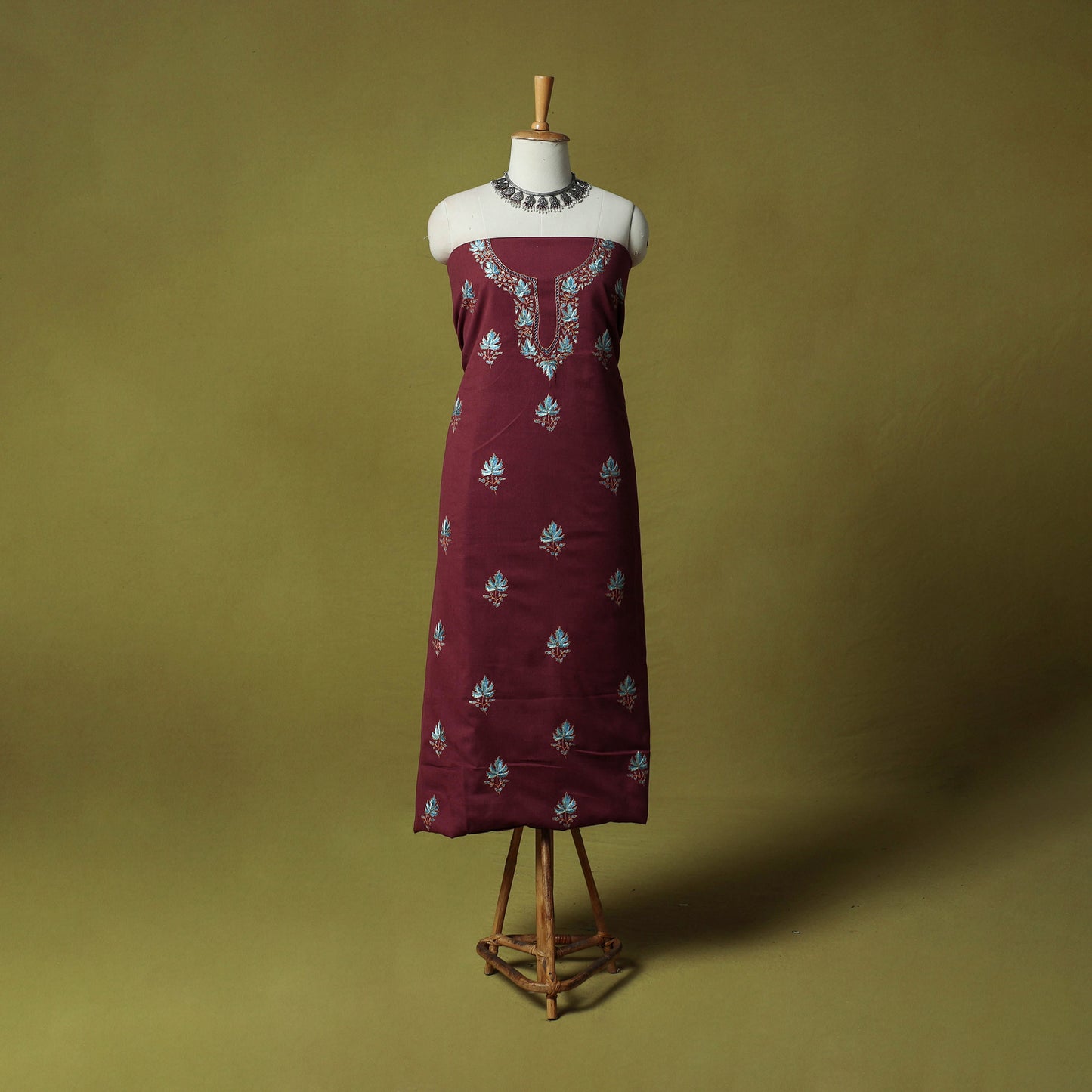 Maroon - Hand Embroidered Cotton Kashida 2pc Unstitched Dress Material Kurta Set 07