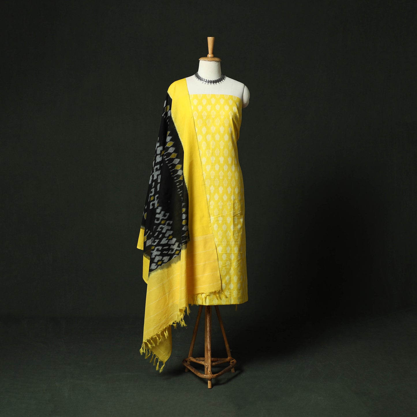 Yellow - Pochampally Ikat Mercerised Cotton 2pc Unstitched Dress Material Kurta Set 53