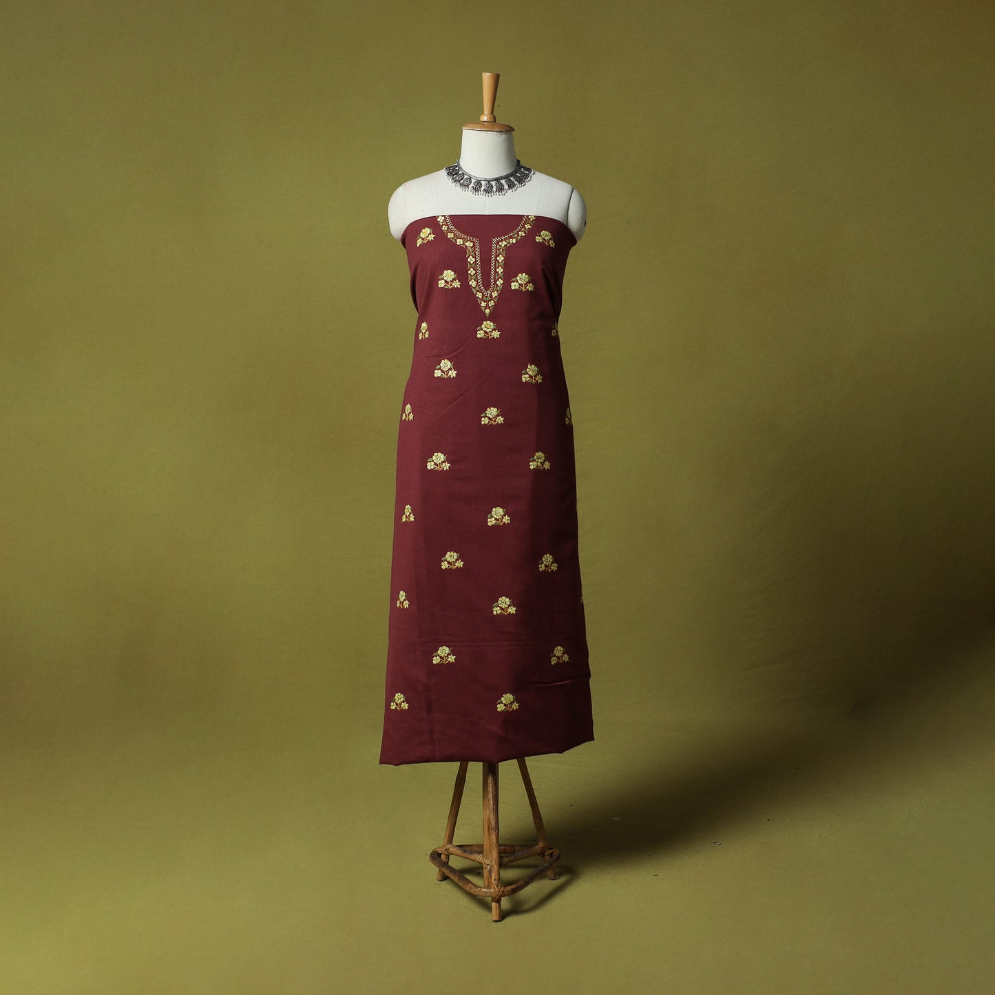 Maroon - Hand Embroidered Cotton Kashida 2pc Unstitched Dress Material Kurta Set 08