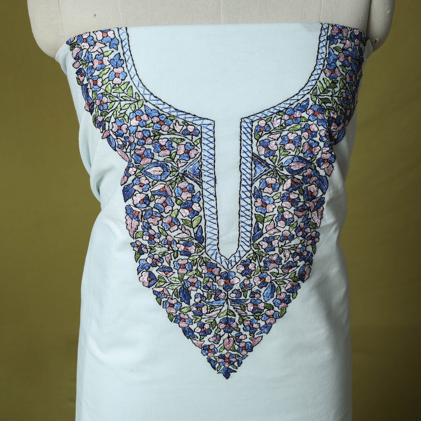 White - Hand Embroidered Cotton Kashida 2pc Unstitched Dress Material Kurta Set 10