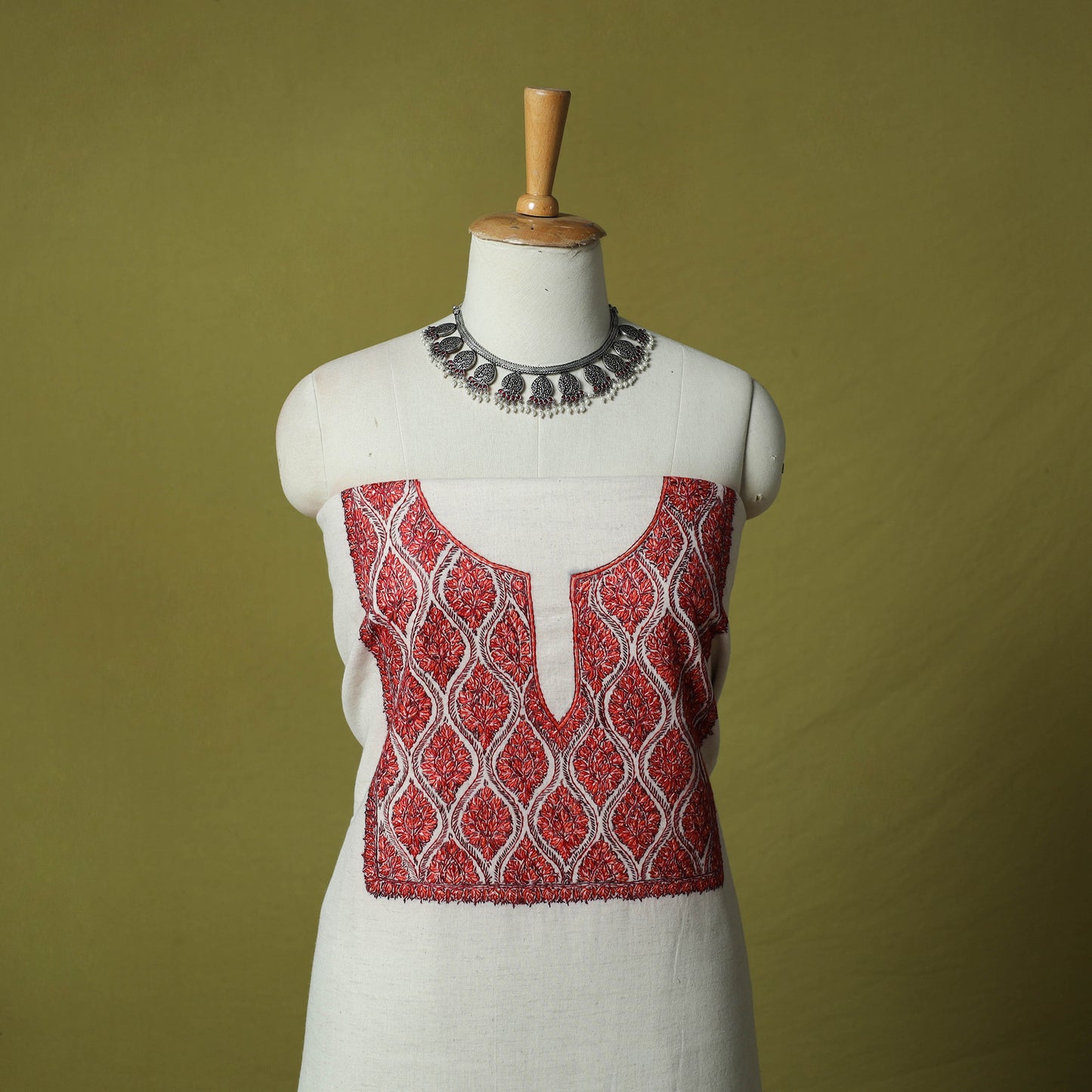 White - Hand Embroidered Cotton Kashida 2pc Unstitched Dress Material Kurta Set 12