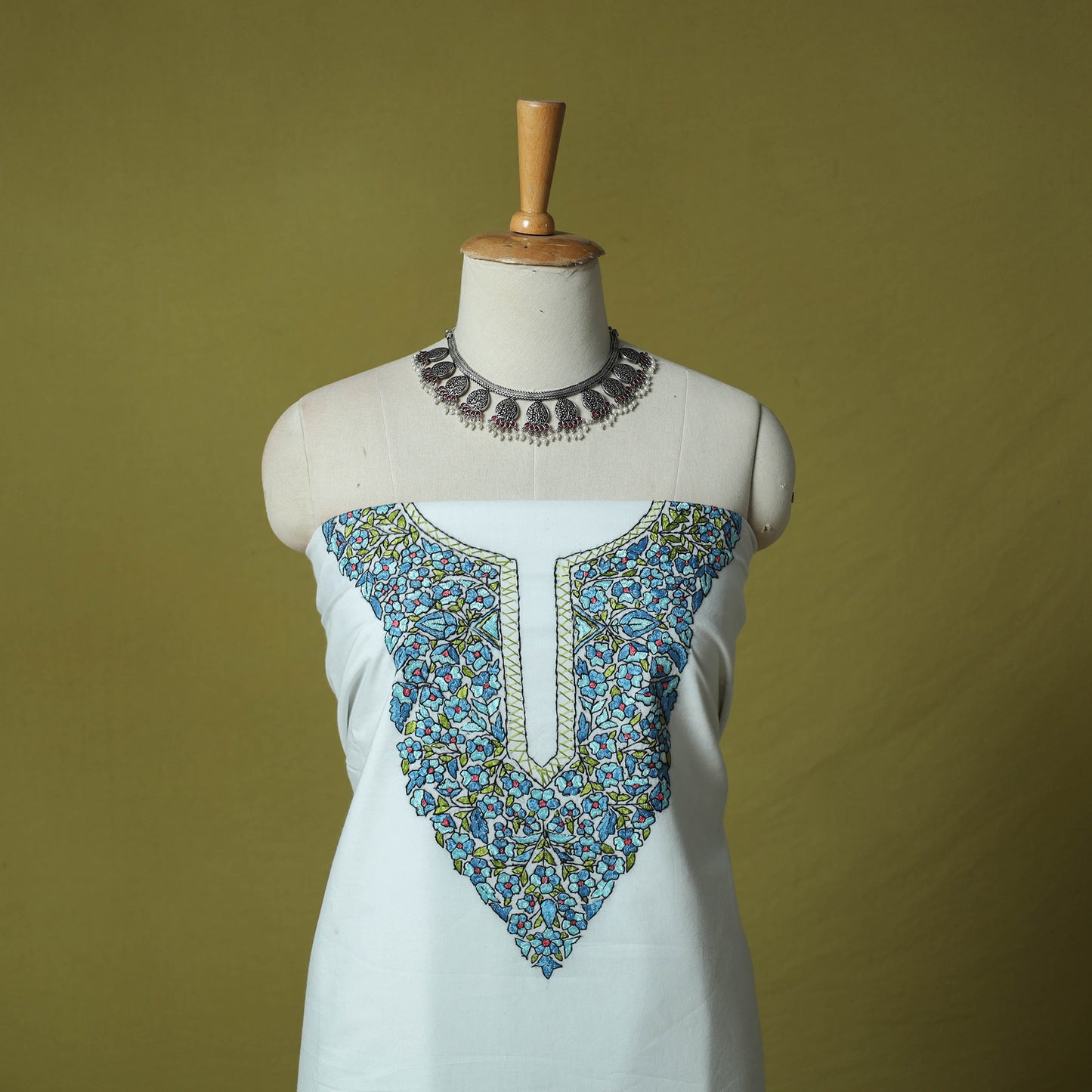 Hand Embroidered Cotton Kashida 2pc Unstitched Dress Material Kurta Set 13