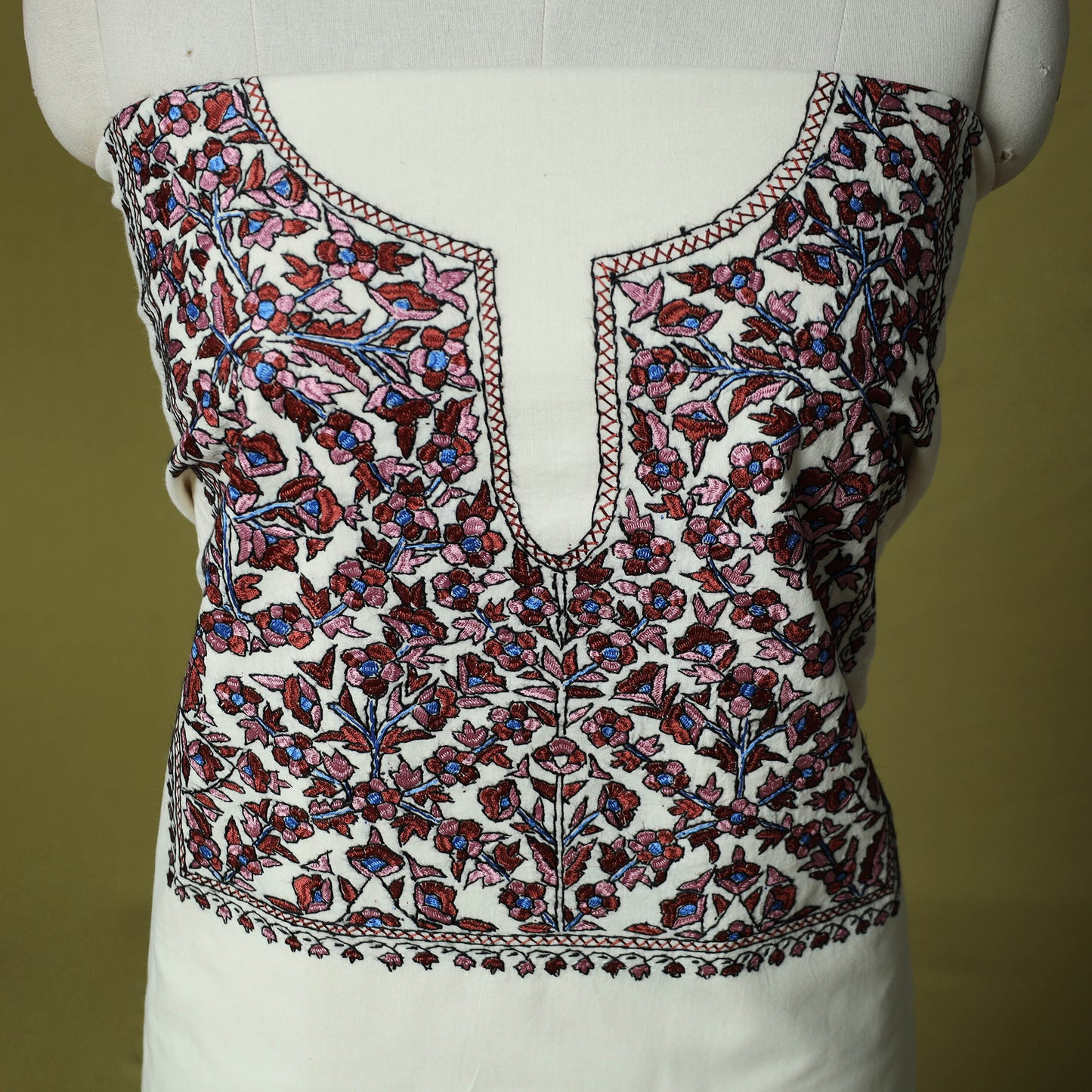 White - Hand Embroidered Cotton Kashida 2pc Unstitched Dress Material Kurta Set 17