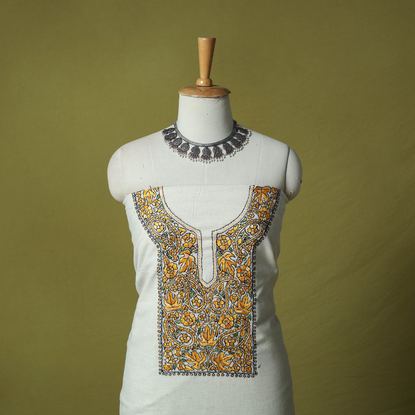 White - Hand Embroidered Cotton Kashida 2pc Unstitched Dress Material Kurta Set 18