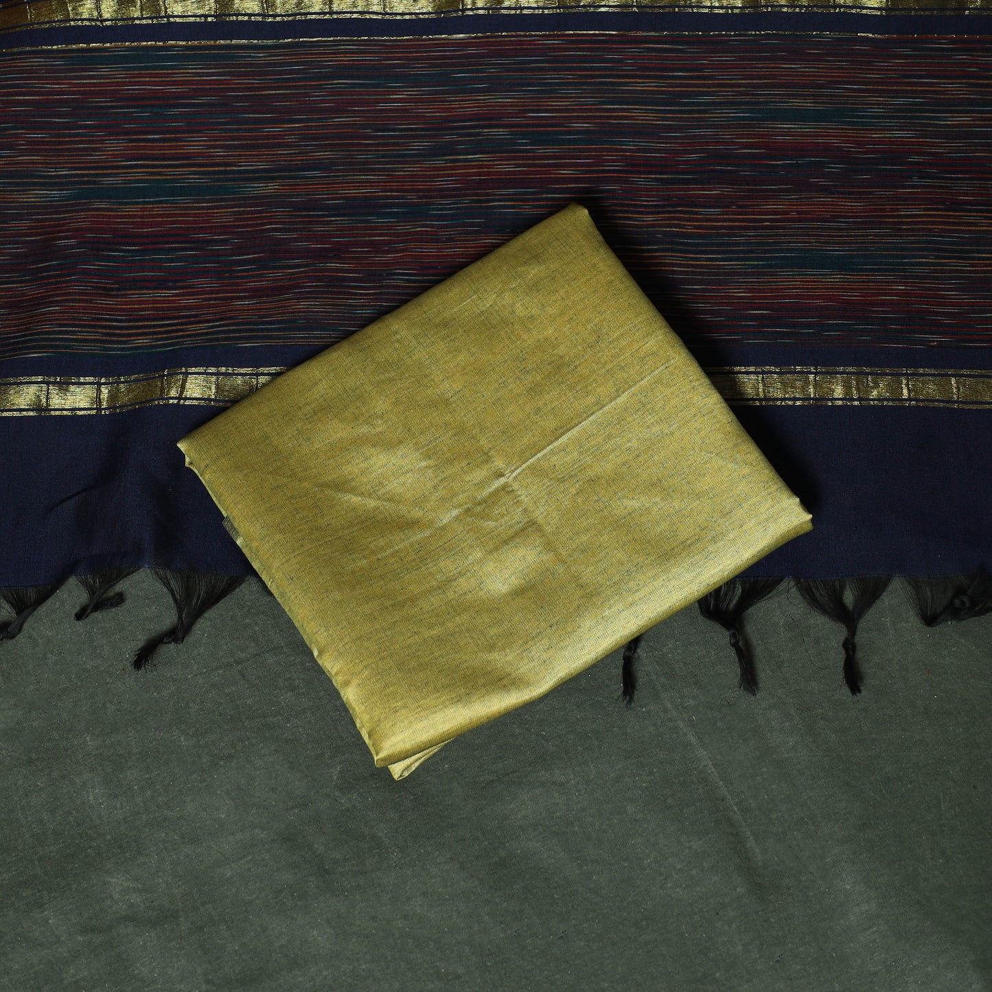 Blue - Pochampally Ikat Silk Cotton 3pc Unstitched Dress Material Suit Set 07