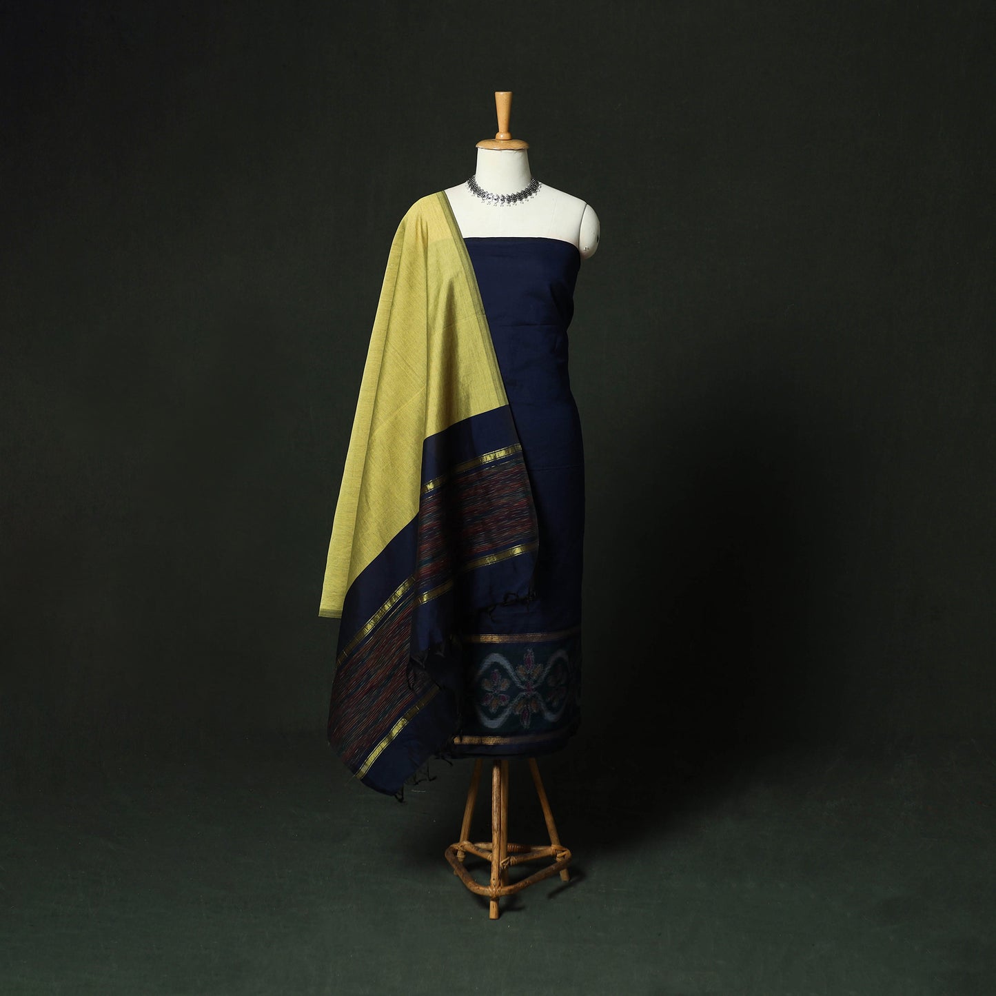 Blue - Pochampally Ikat Silk Cotton 3pc Unstitched Dress Material Suit Set 07