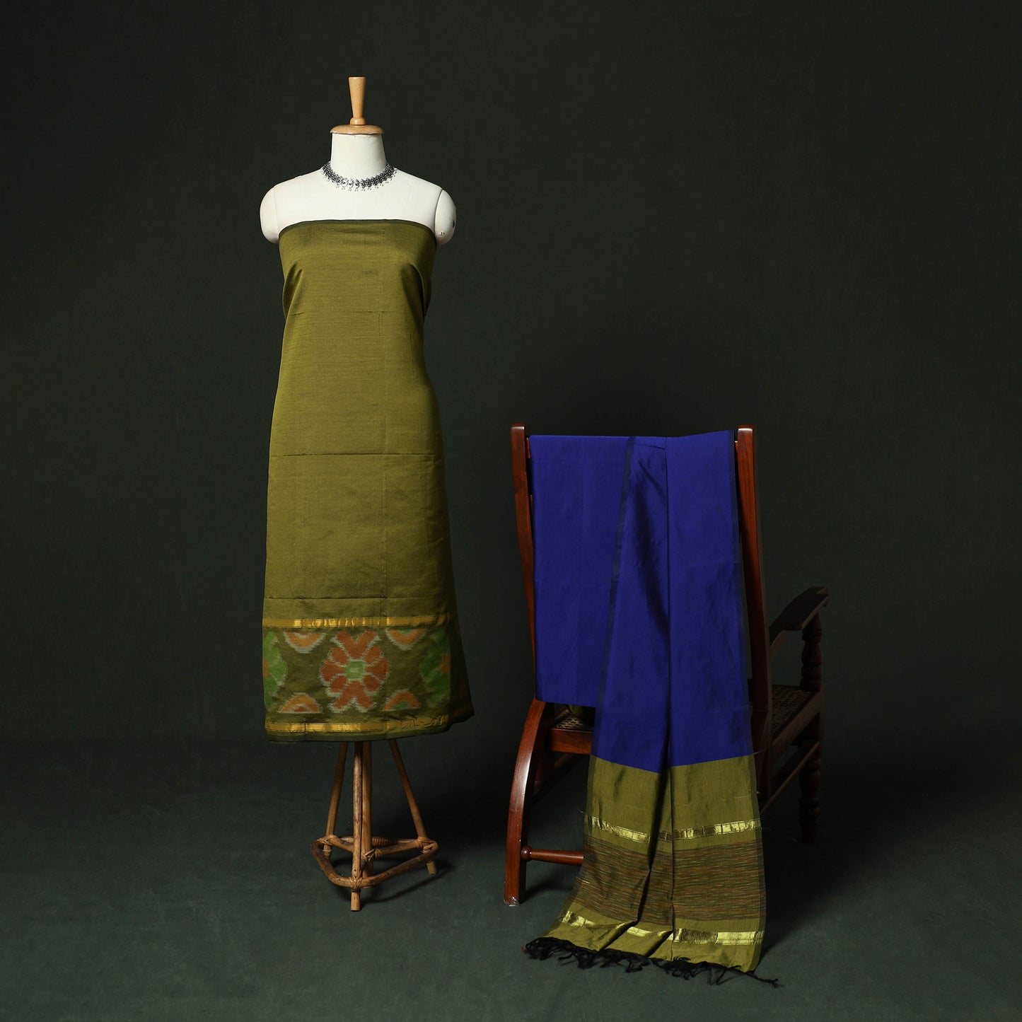 Pochampally Ikat Silk Cotton 3pc Unstitched Dress Material Suit Set 09