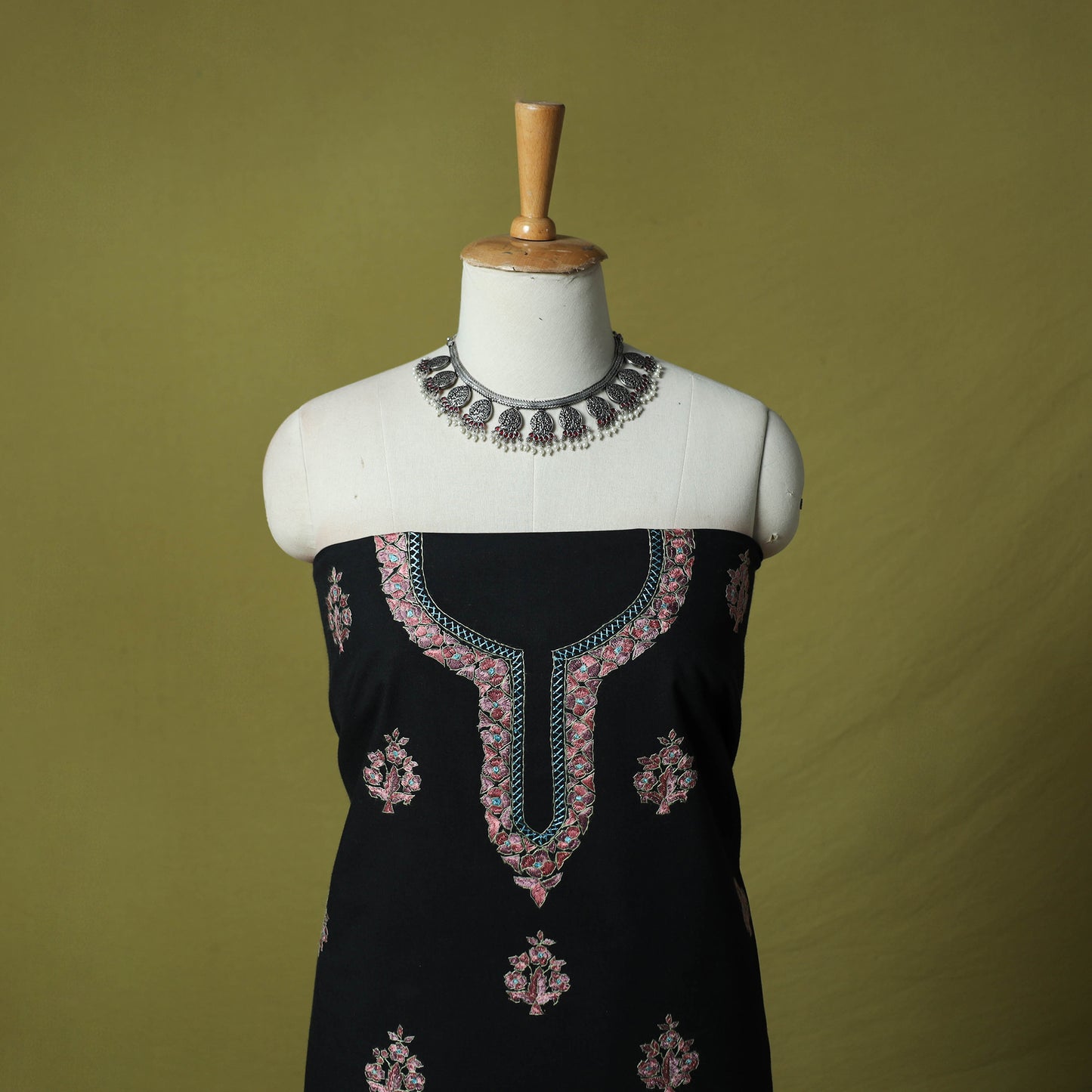 Black - Hand Embroidered Cotton Kashida 2pc Unstitched Dress Material Kurta Set 24