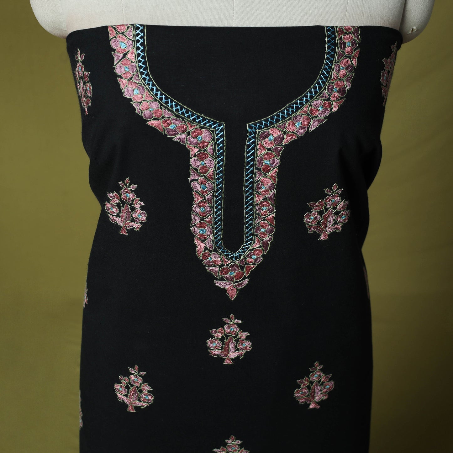 Black - Hand Embroidered Cotton Kashida 2pc Unstitched Dress Material Kurta Set 24