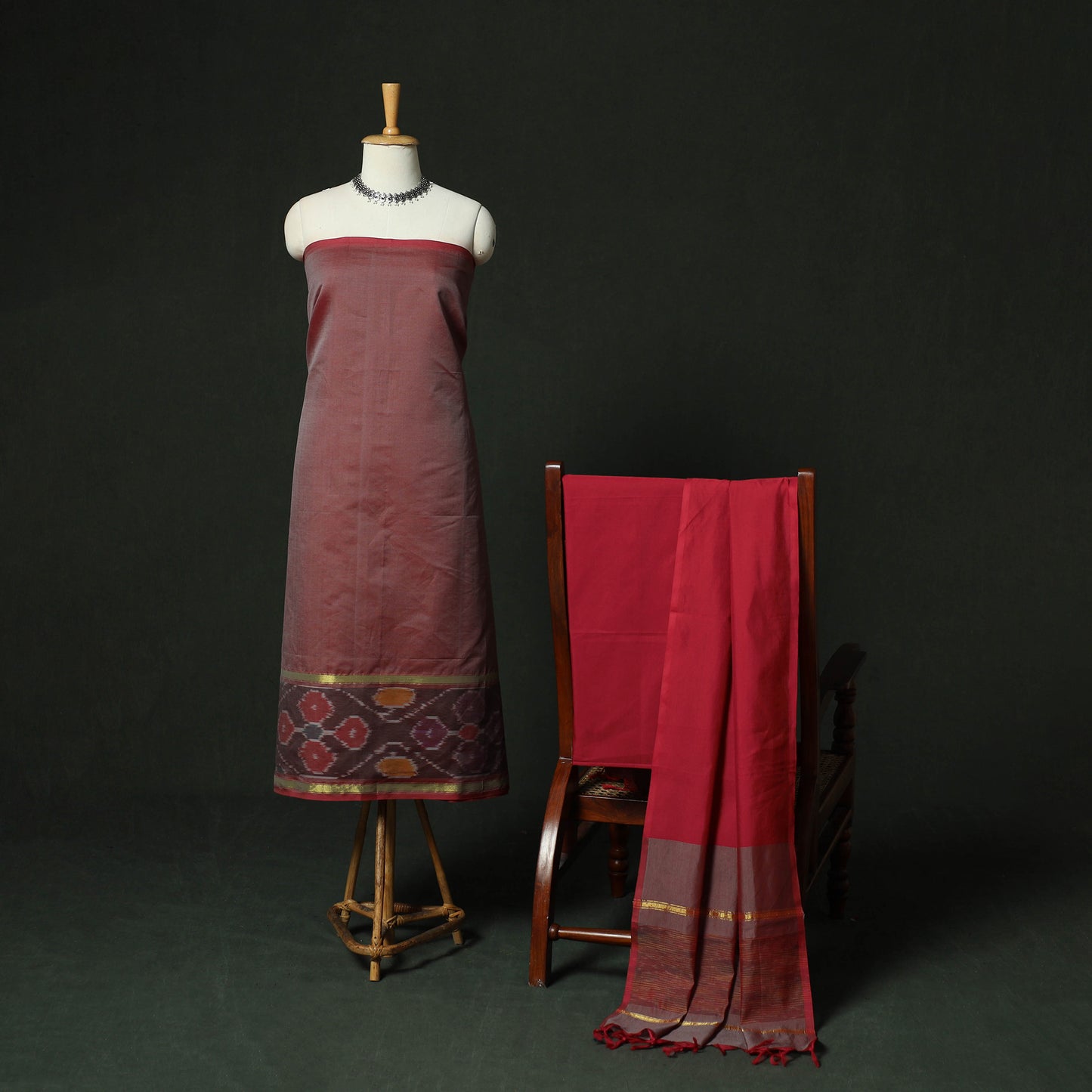 Pochampally Ikat Silk Cotton 3pc Unstitched Dress Material Suit Set 12