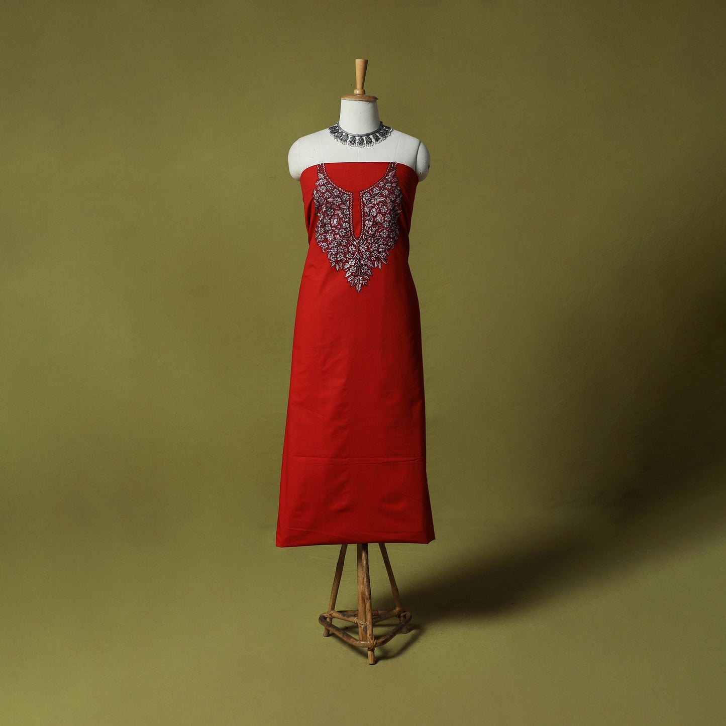 Red - Hand Embroidered Cotton Kashida 2pc Unstitched Dress Material Kurta Set 28