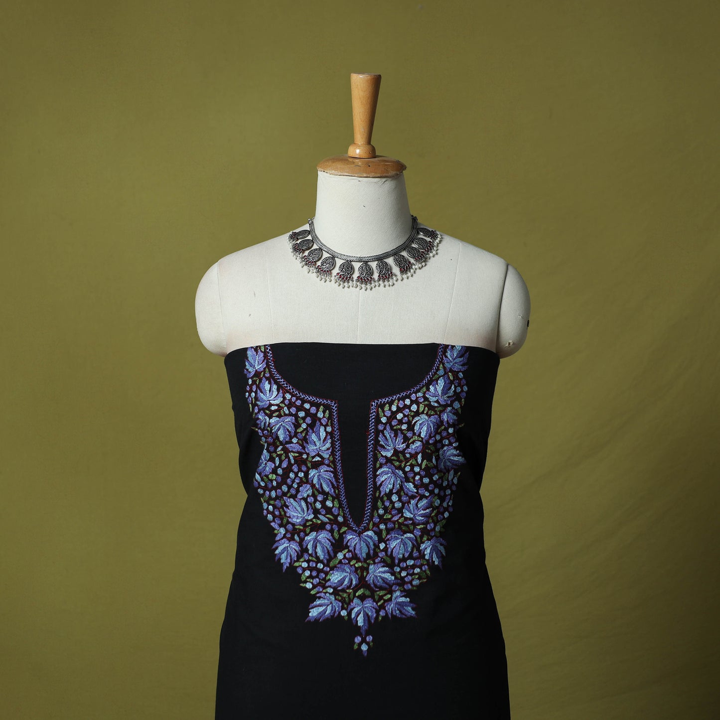 Black - Hand Embroidered Cotton Kashida 2pc Unstitched Dress Material Kurta Set 29