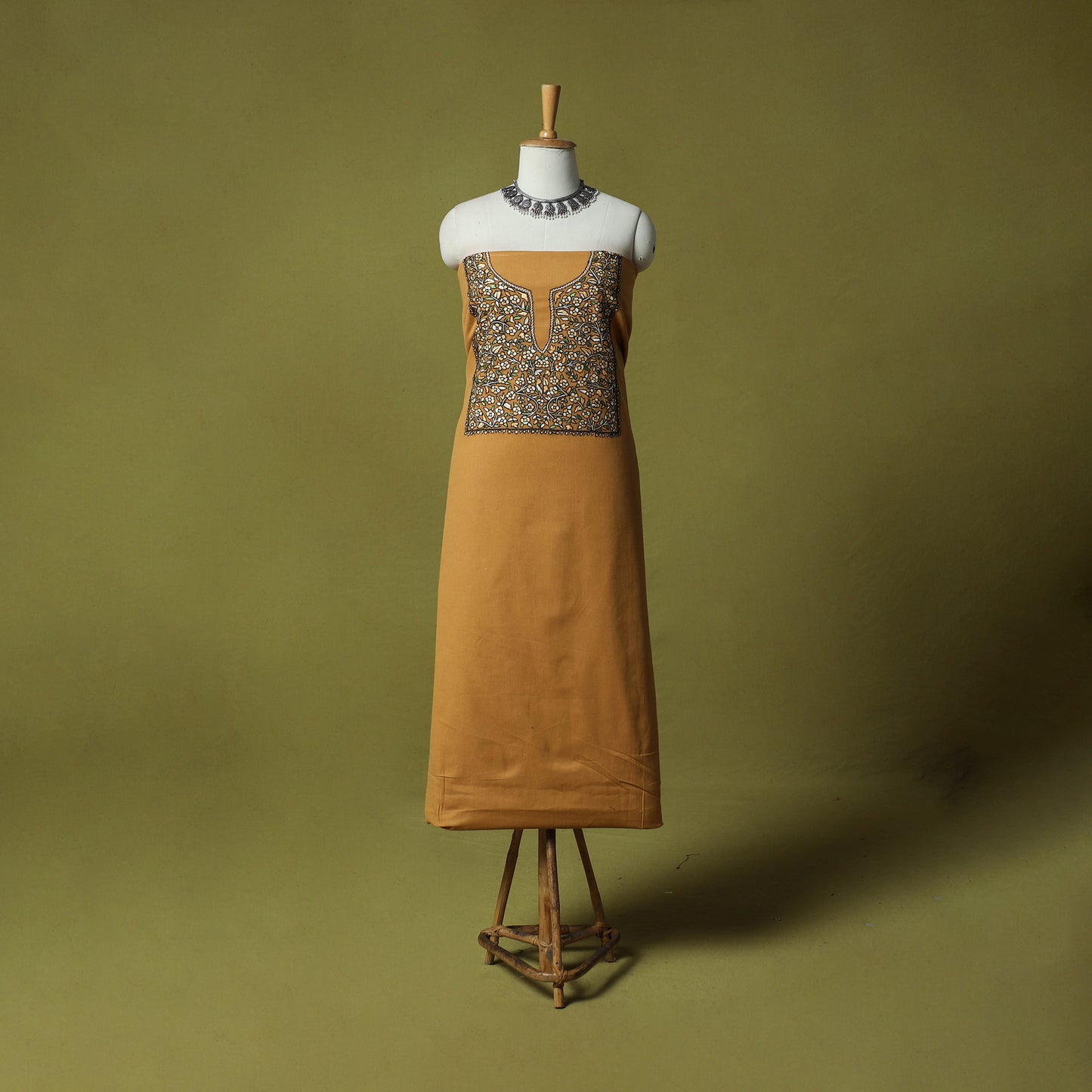 Yellow - Hand Embroidered Cotton Kashida 2pc Unstitched Dress Material Kurta Set 30