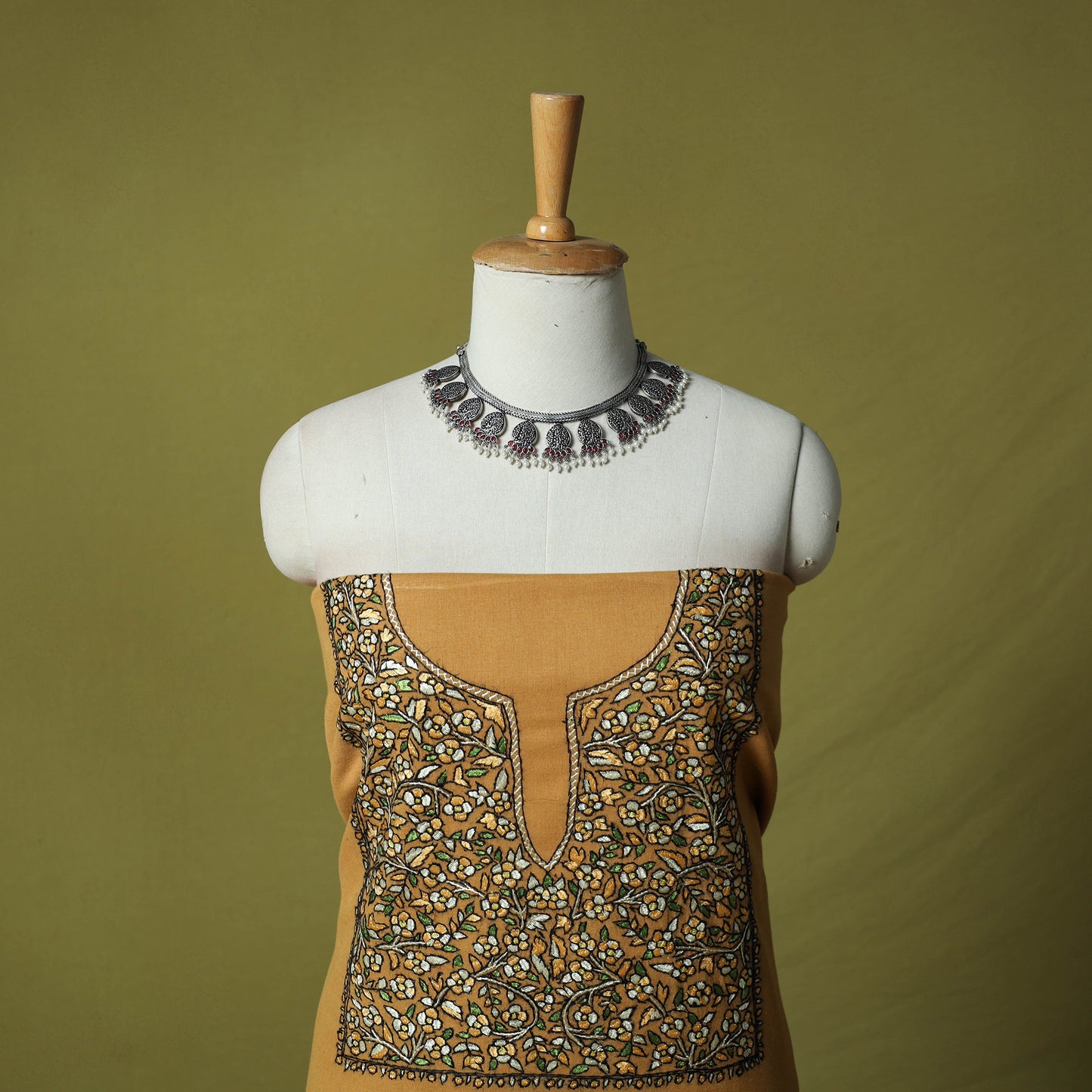 Yellow - Hand Embroidered Cotton Kashida 2pc Unstitched Dress Material Kurta Set 30