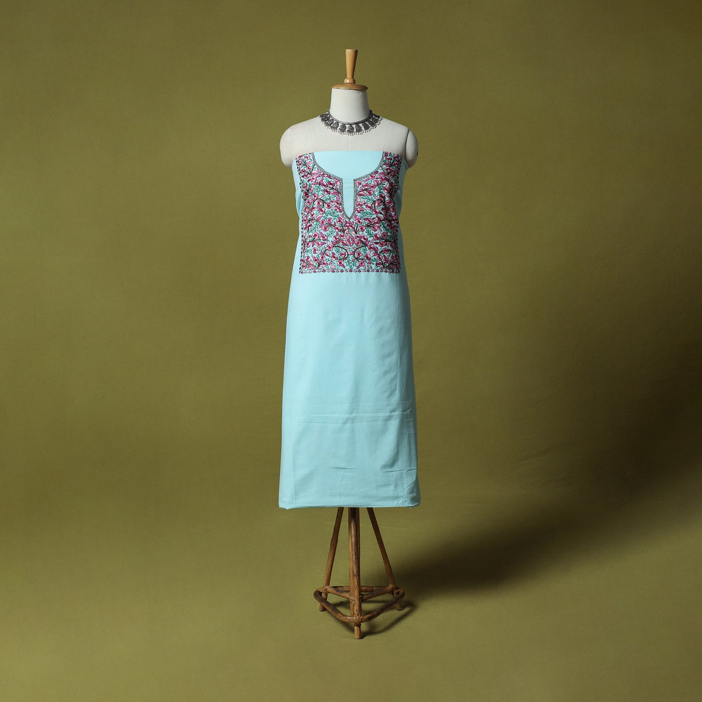 Blue - Hand Embroidered Cotton Kashida 2pc Unstitched Dress Material Kurta Set 32