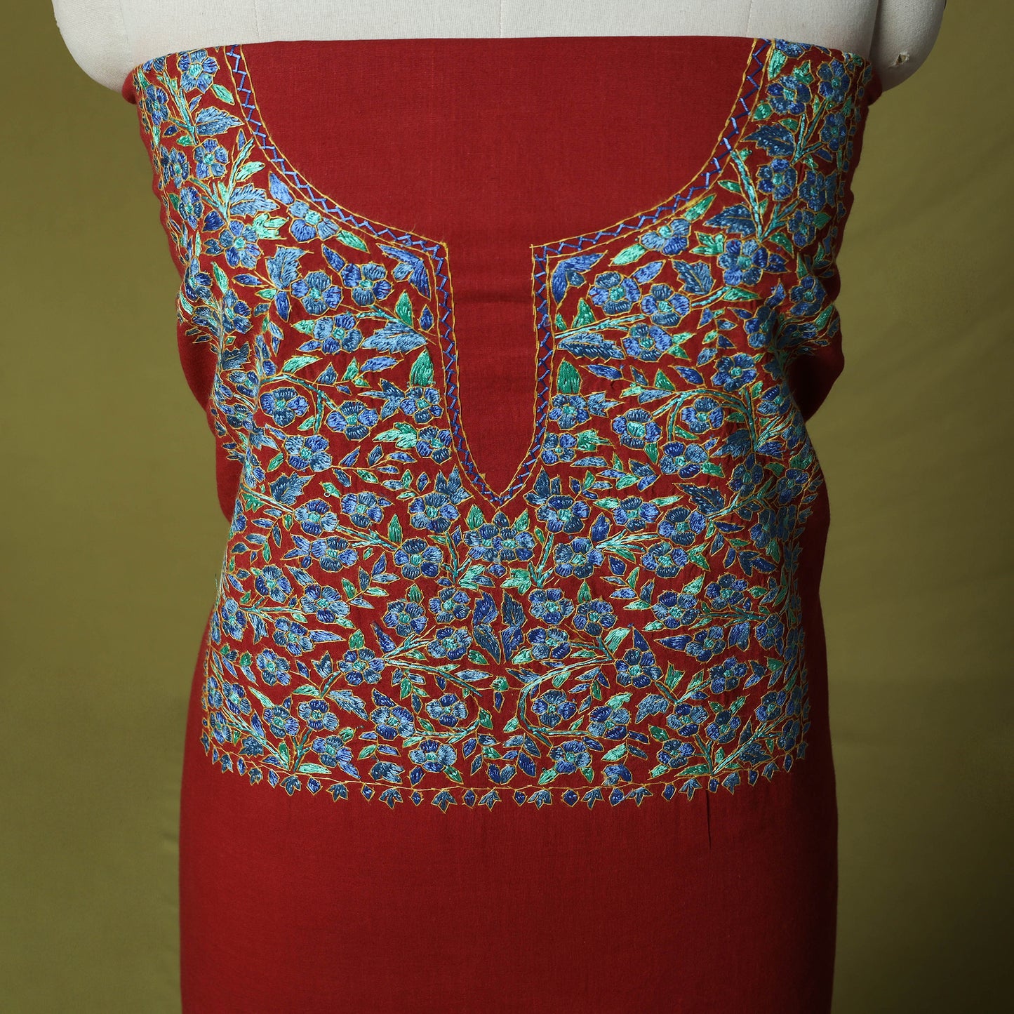 Red -Hand Embroidered Cotton Kashida 2pc Unstitched Dress Material Kurta Set 33