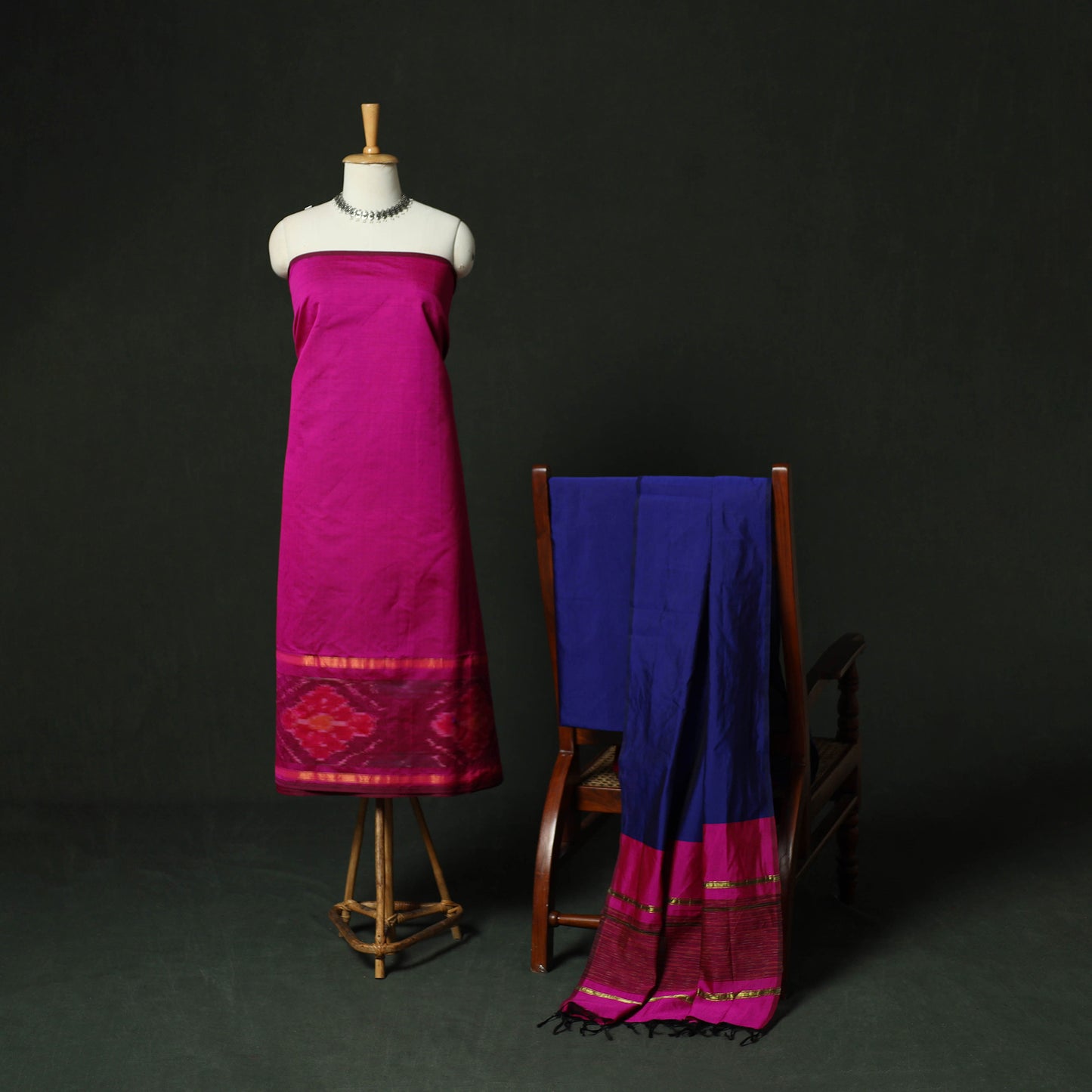 Pink - Pochampally Ikat Silk Cotton 3pc Unstitched Dress Material Suit Set 16