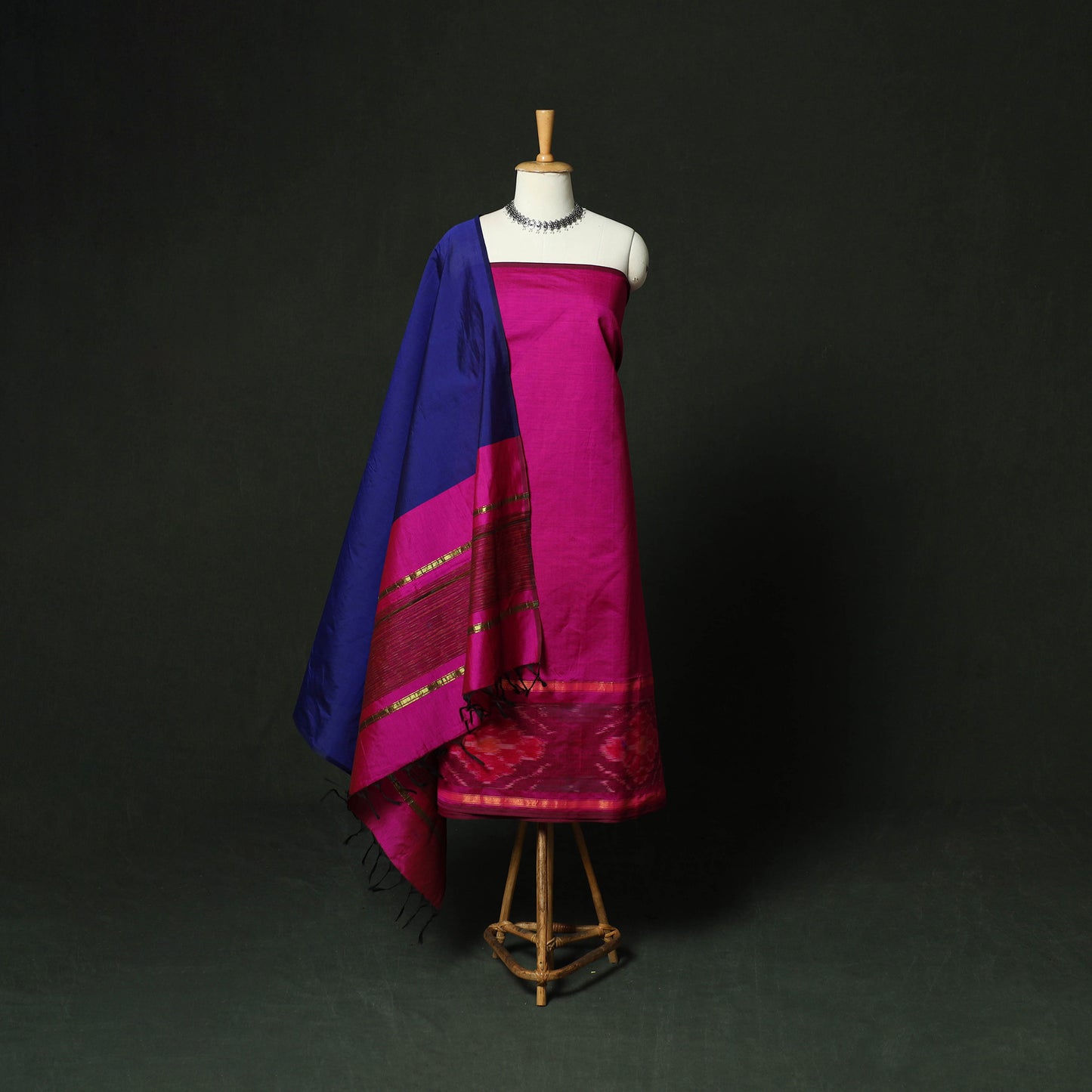 Pink - Pochampally Ikat Silk Cotton 3pc Unstitched Dress Material Suit Set 16