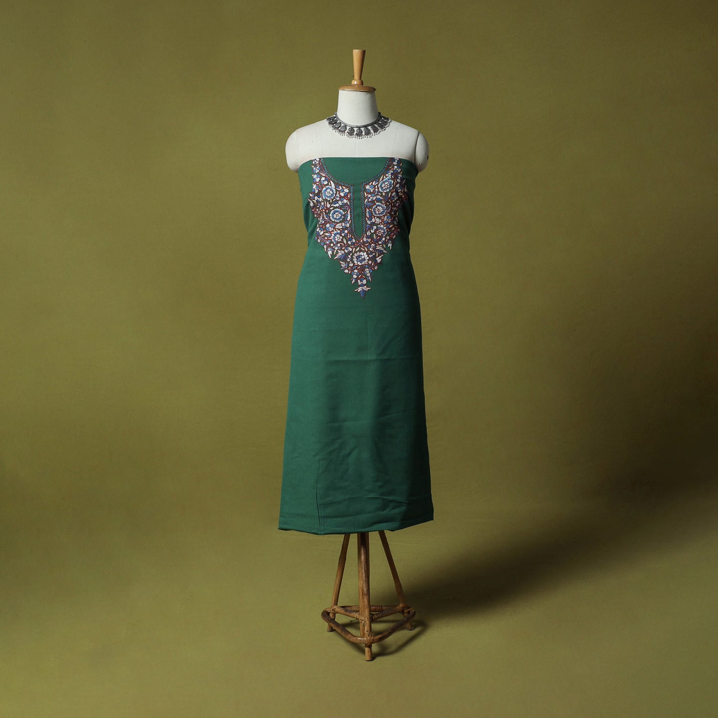 Green - Hand Embroidered Cotton Kashida 2pc Unstitched Dress Material Kurta Set 35