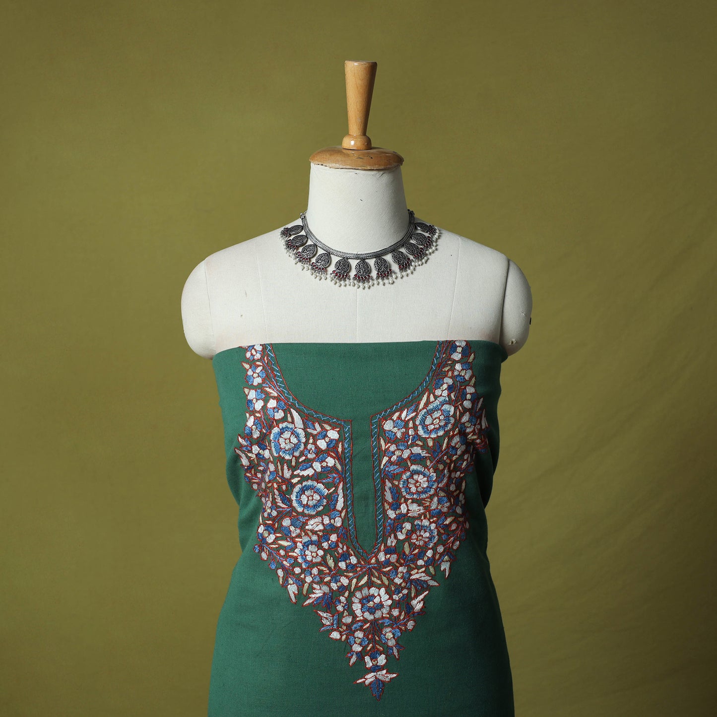 Green - Hand Embroidered Cotton Kashida 2pc Unstitched Dress Material Kurta Set 35